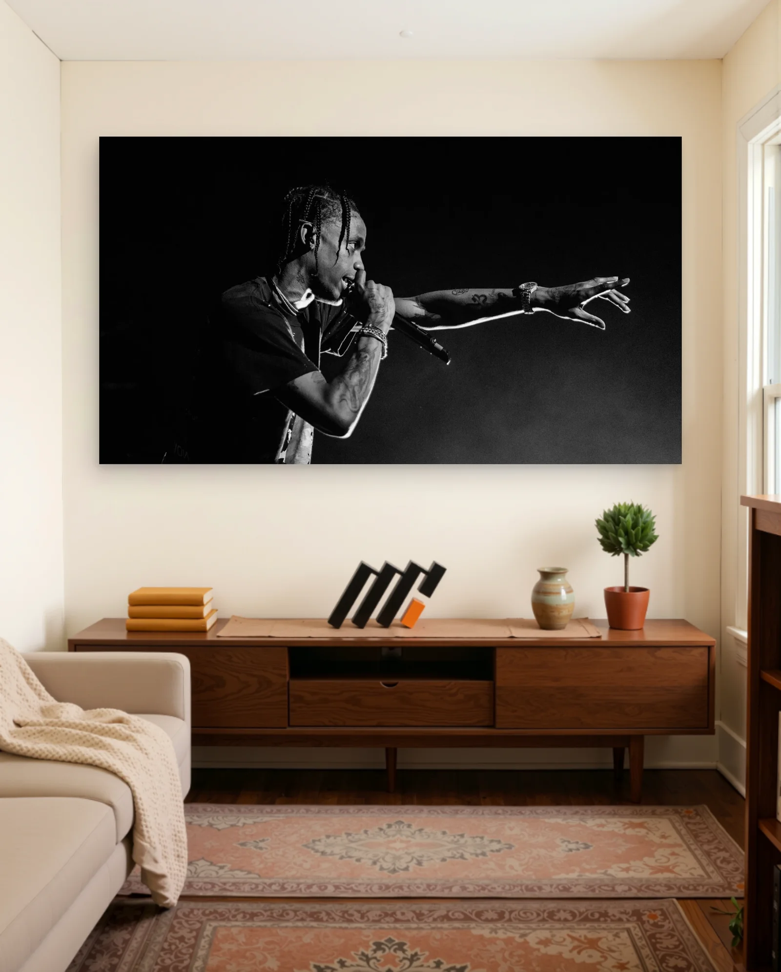Travis Scott Microphone Pose Black And White Poster — framed wall art poster by Memocult