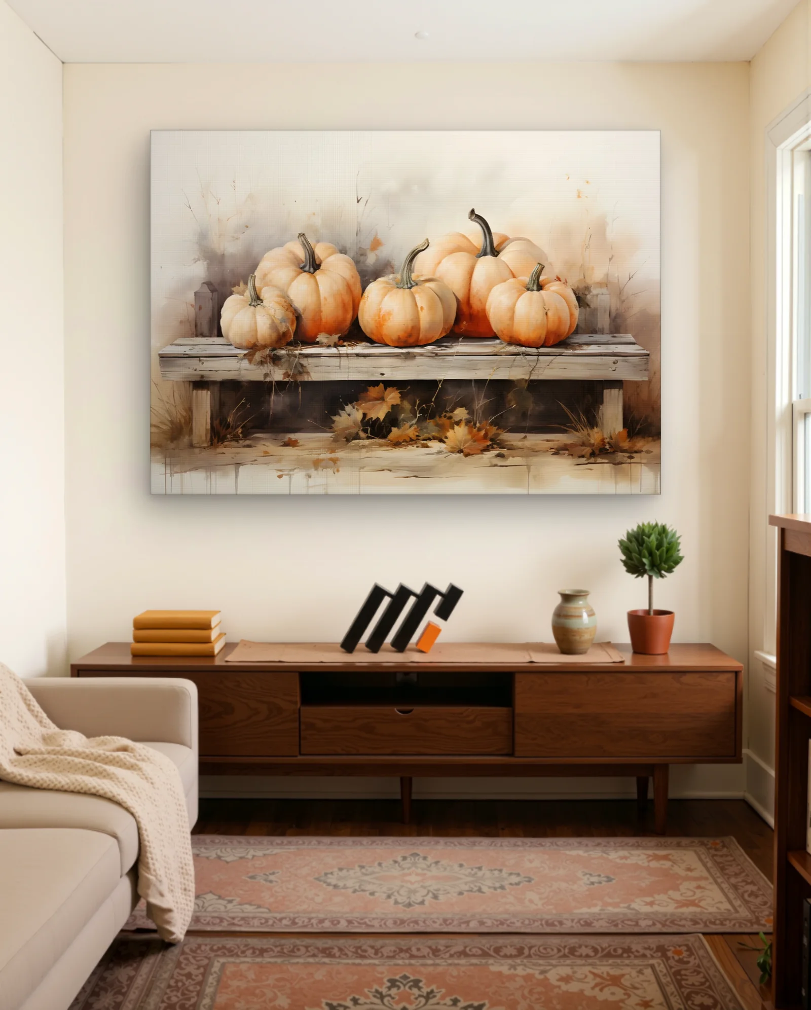 Pumpkins On Weathered Bench Autumn Watercolor Wall Art — Aesthetic Moods abstract & modern wall art poster