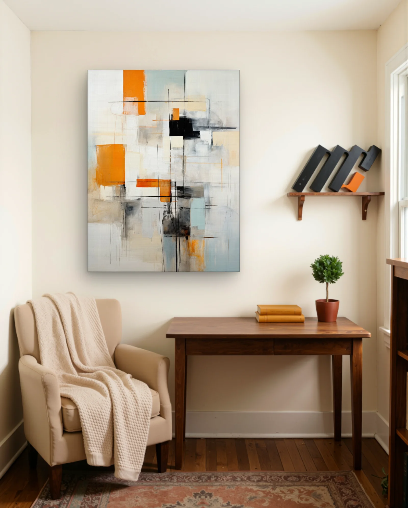 Orange Black Geometric Abstract Wall Art — framed wall art poster by Memocult