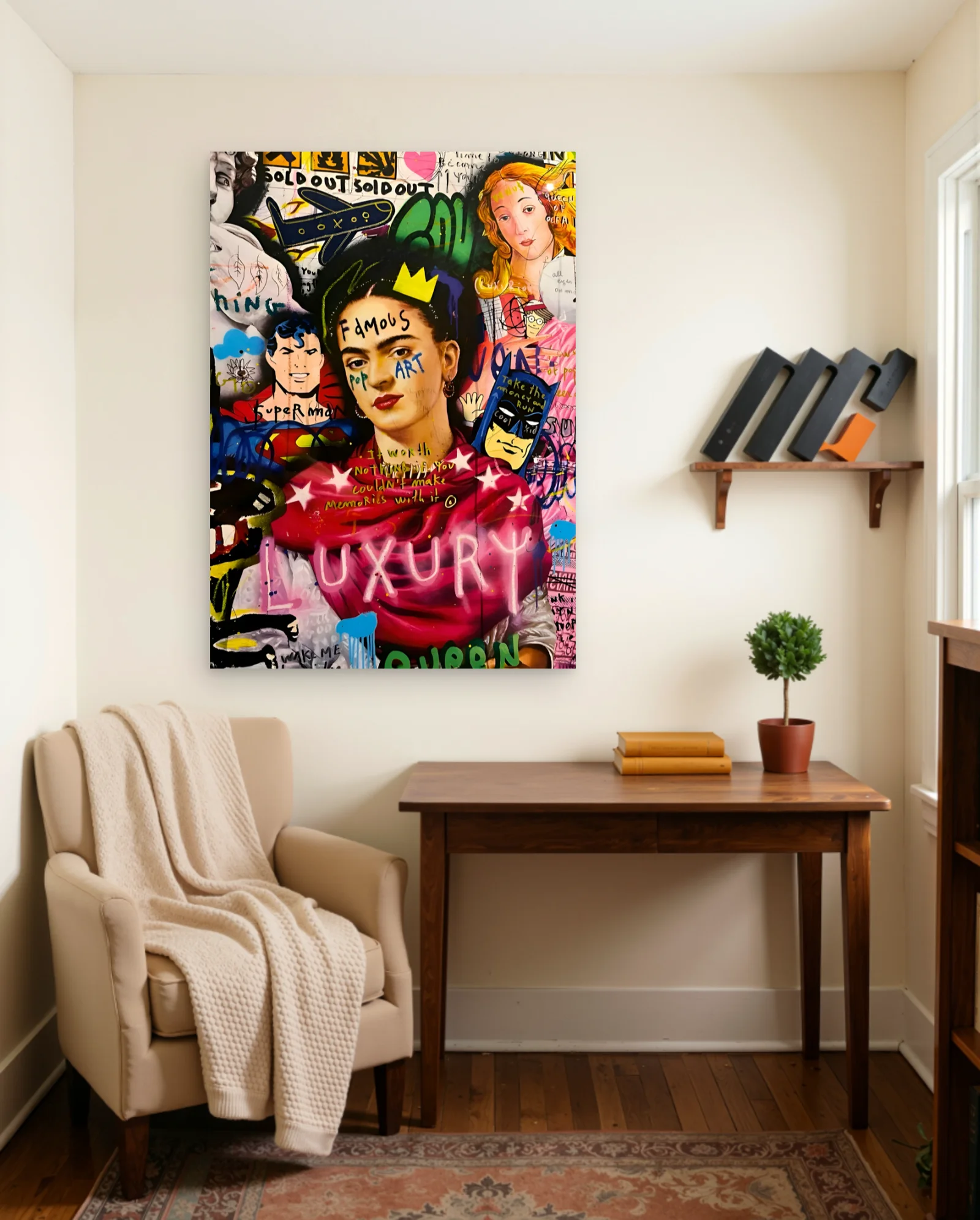 Frida Kahlo Superman Batman Poster — framed wall art poster by Memocult