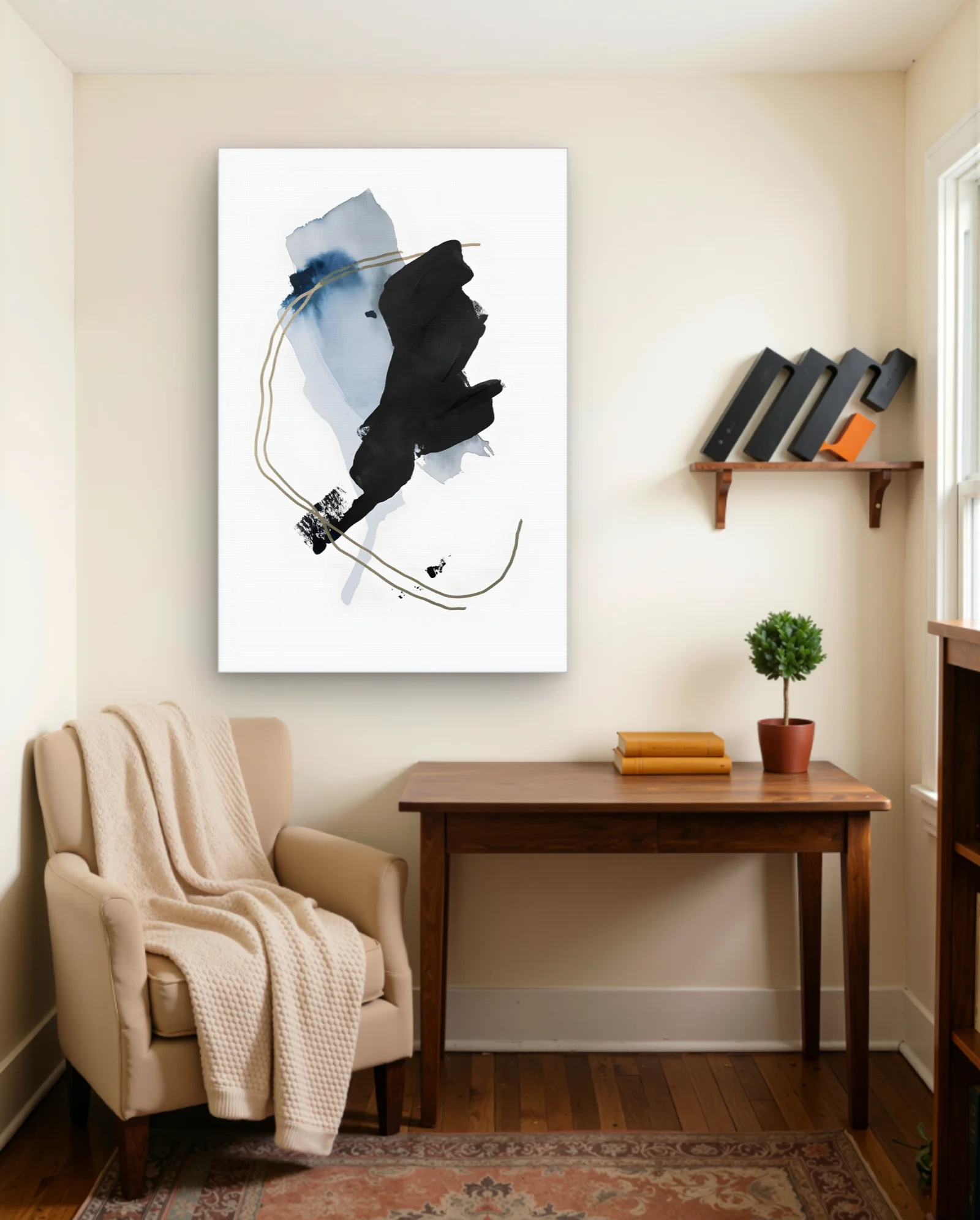 Black Blue Gold Abstract Wall Art — framed wall art poster by Memocult