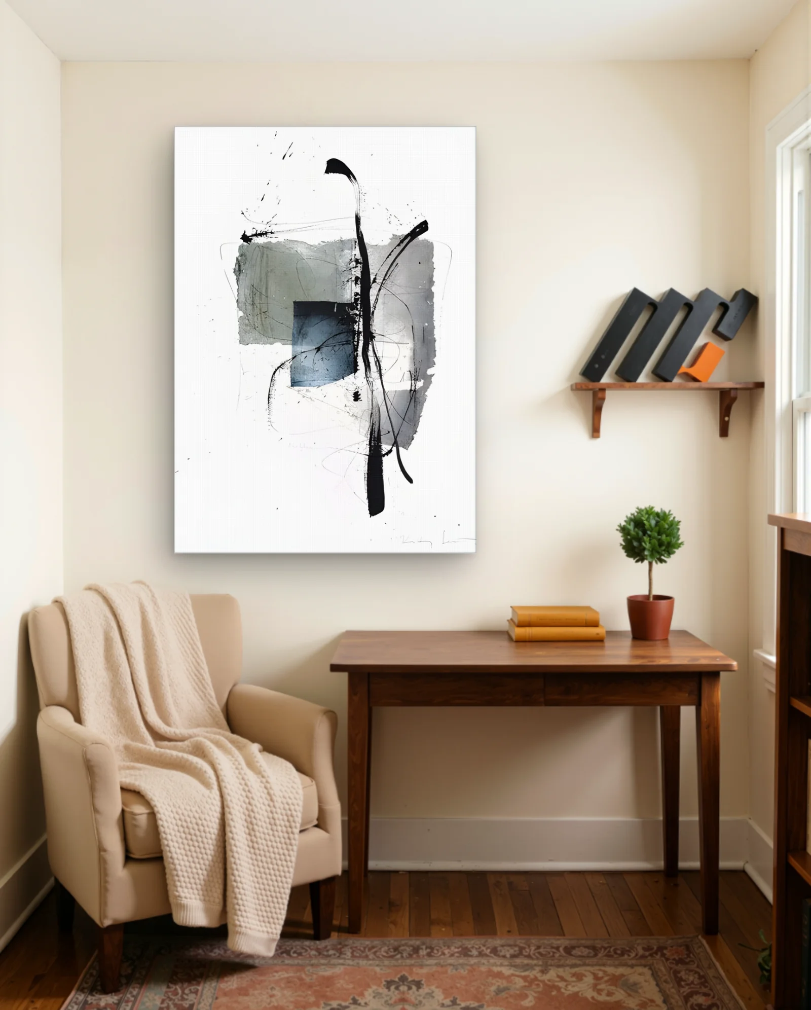 Black Ink Gesture Grey Wash Blue Block Wall Art — framed wall art poster by Memocult