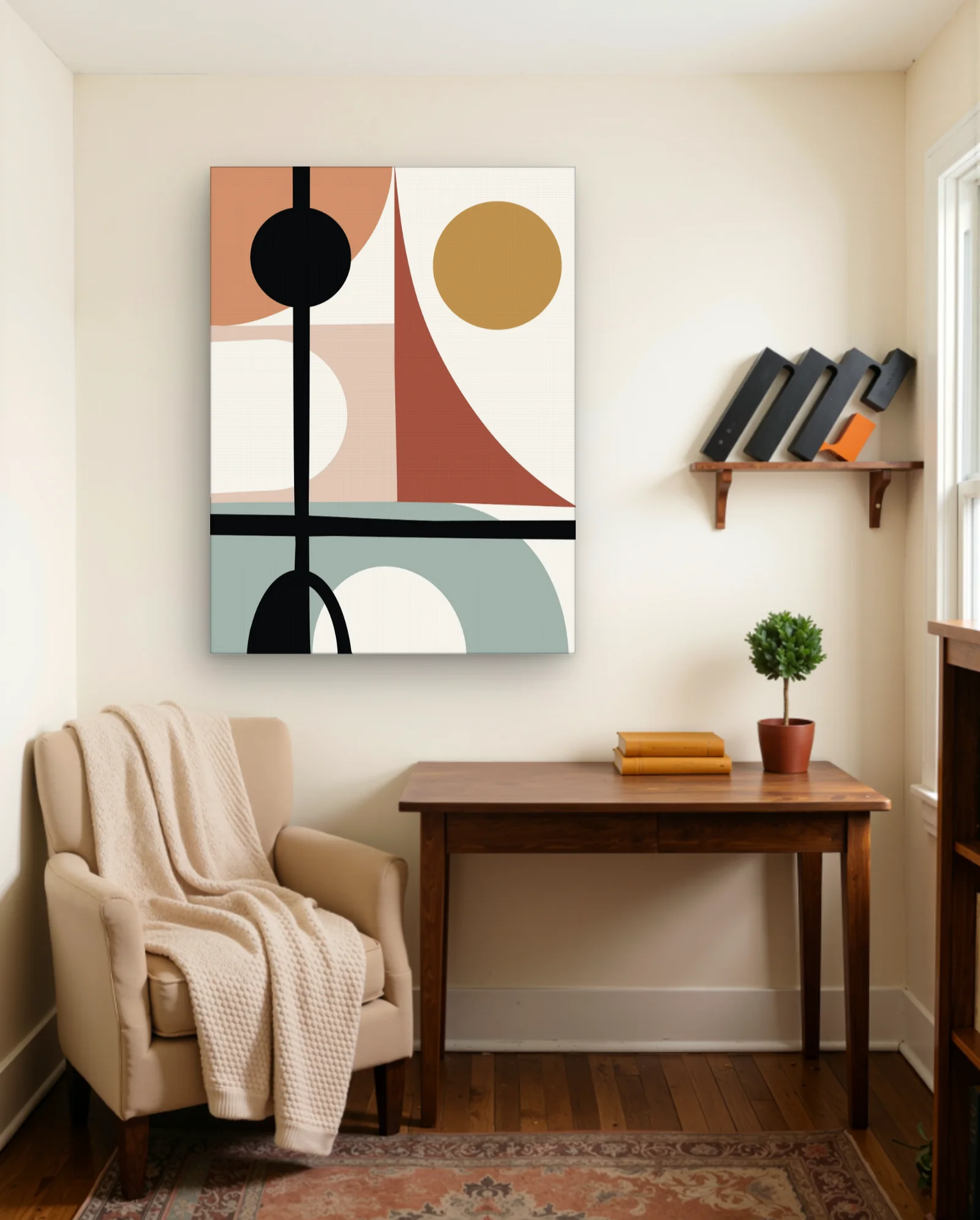 Terra Forms — Vertical Black Mast with Ochre & Sage Circles — framed wall art poster by Memocult