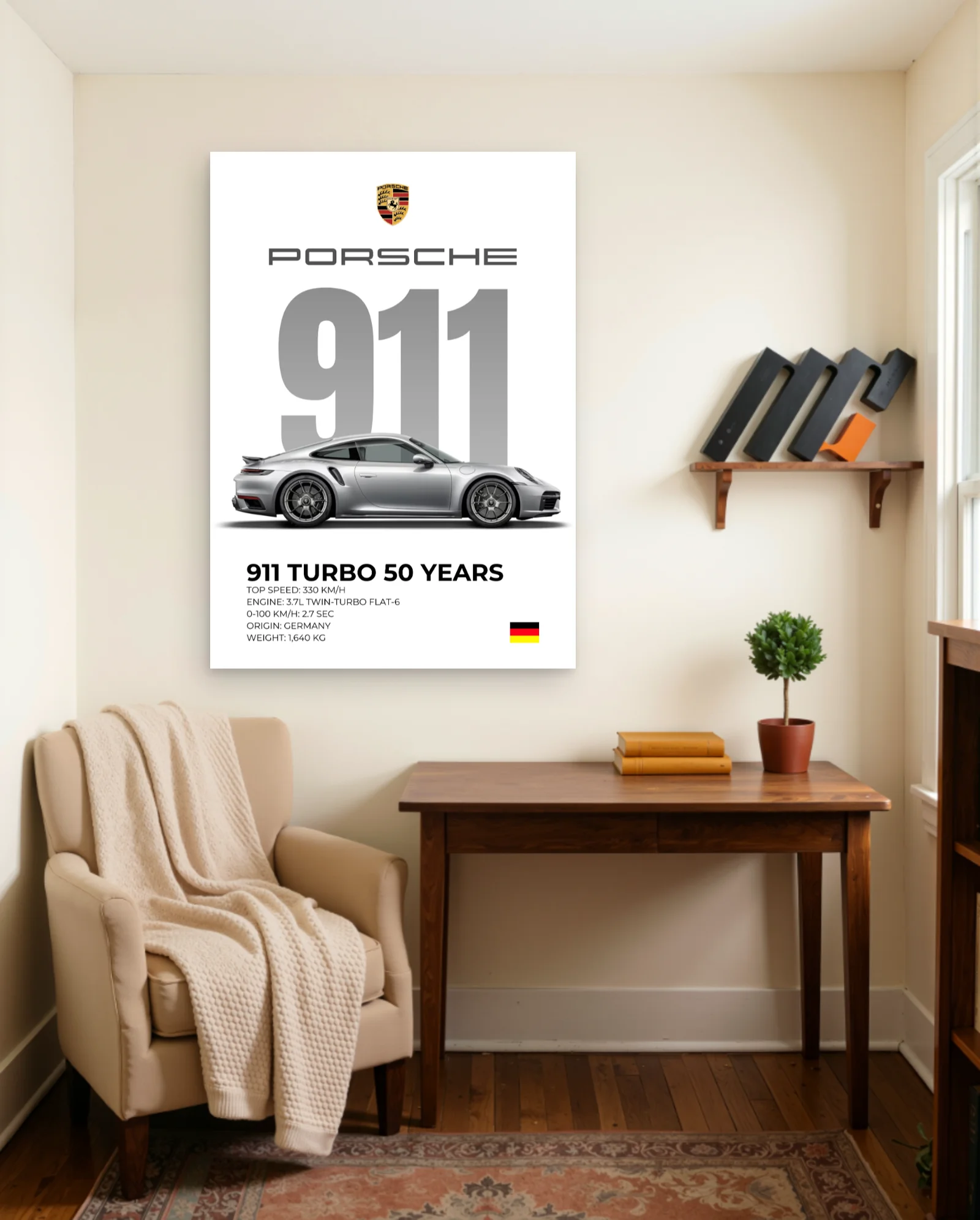 Porsche 911 Turbo 50 Years Poster — framed wall art poster by Memocult