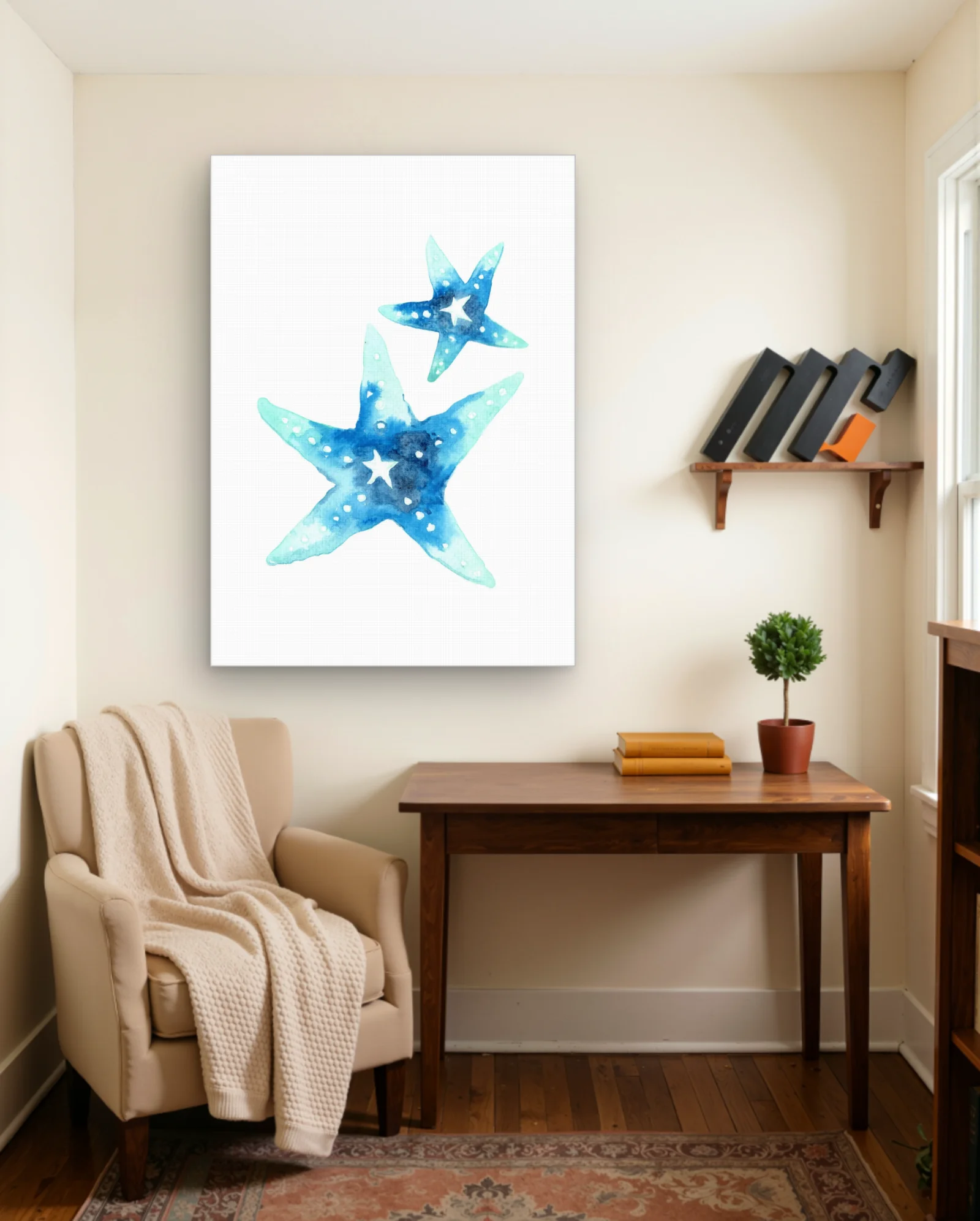 Blue Watercolor Starfish Pair — tilted top star, white negative space — framed wall art poster by Memocult