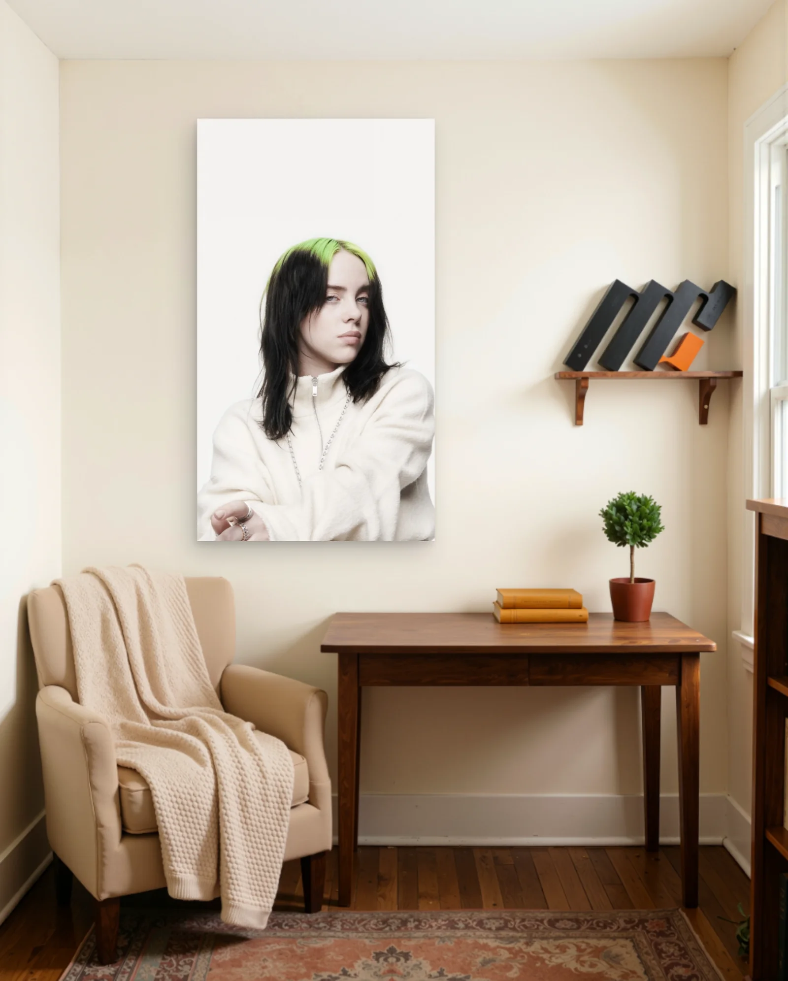 Billie Eilish Green Streaks White Jacket Poster — framed wall art poster by Memocult