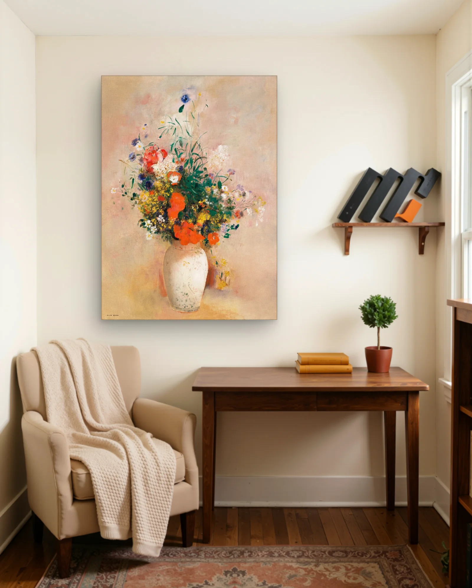 Orange Poppies And Wildflowers In Vase Wall Art — framed wall art poster by Memocult