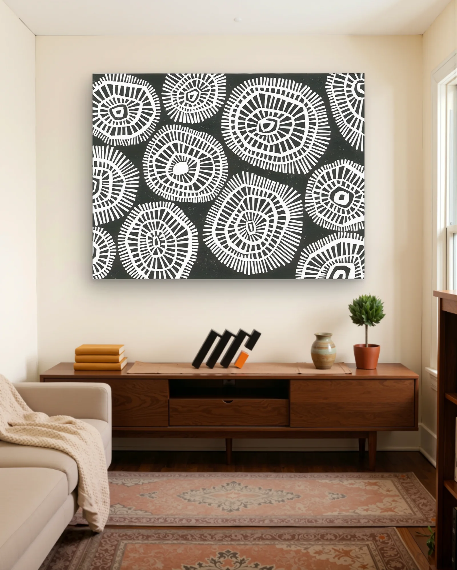 Concentric Radial Strata — Black & White Handprinted Repeat — framed wall art poster by Memocult