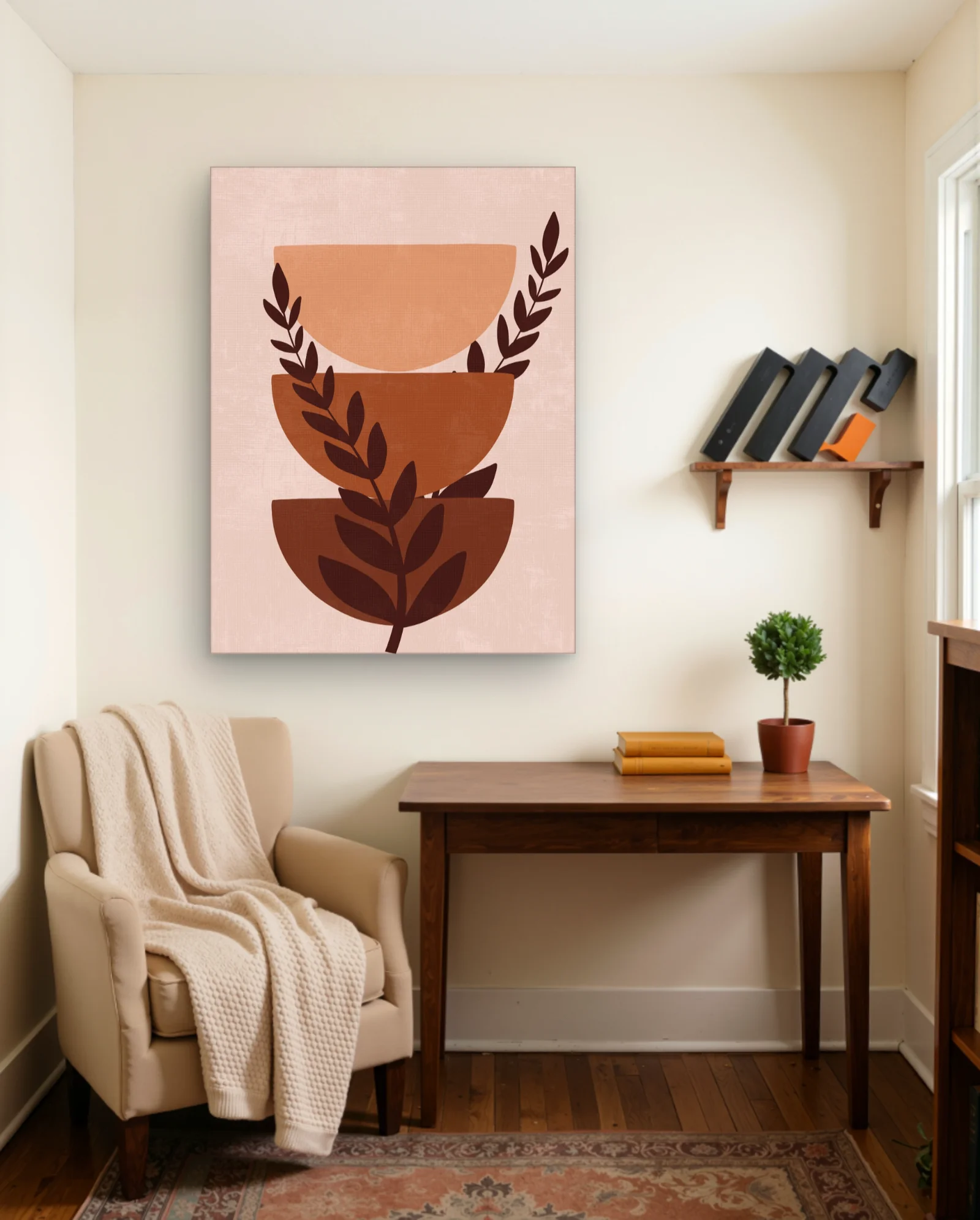 Stacked Terracotta Bowls With Laurel Stem Wall Art — framed wall art poster by Memocult