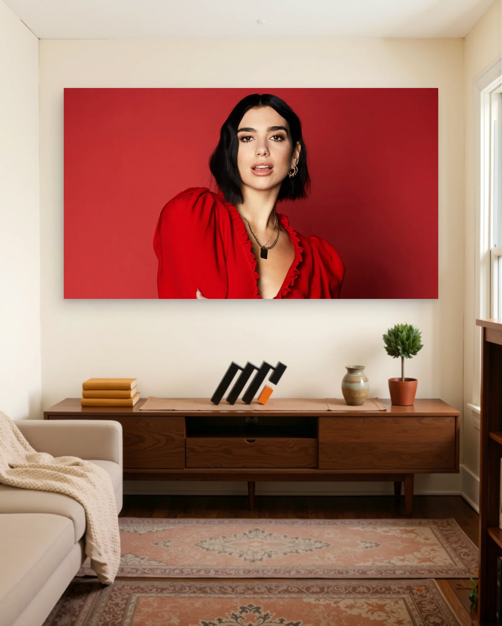 Dua Lipa Red Outfit Poster — framed wall art poster by Memocult
