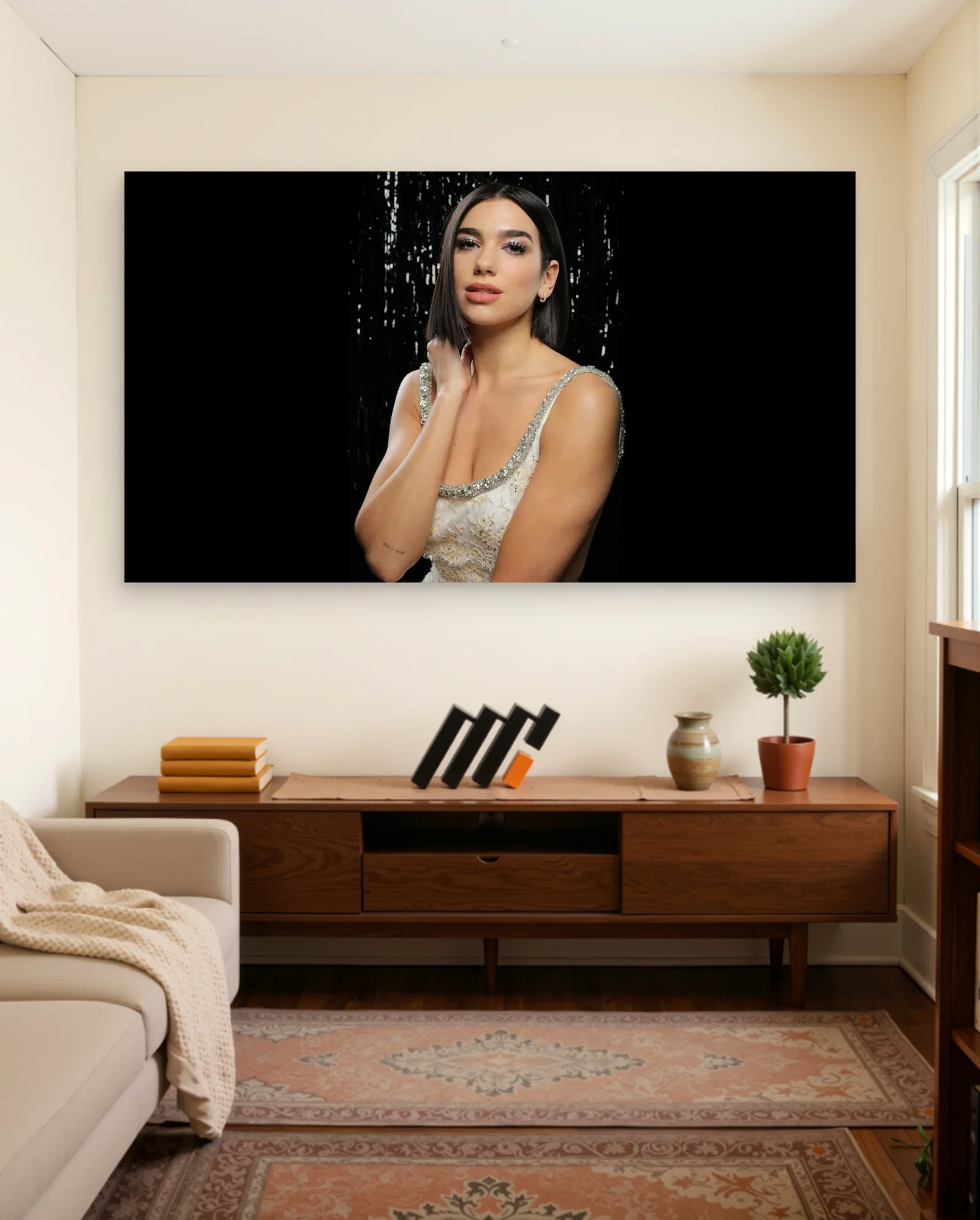 Dua Lipa White Sparkle Dress Poster — framed wall art poster by Memocult