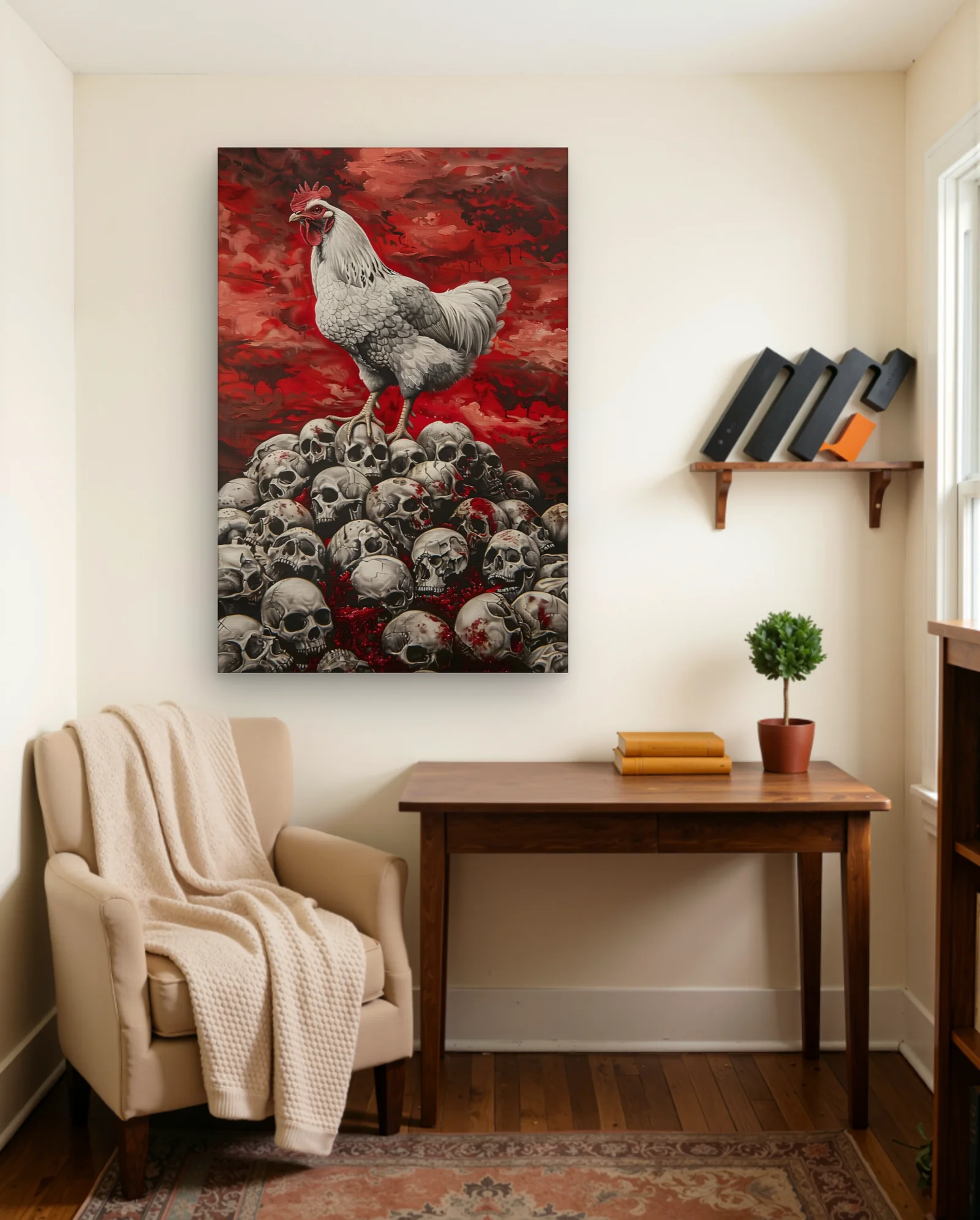 White Rooster On Skulls Wall Art — framed wall art poster by Memocult