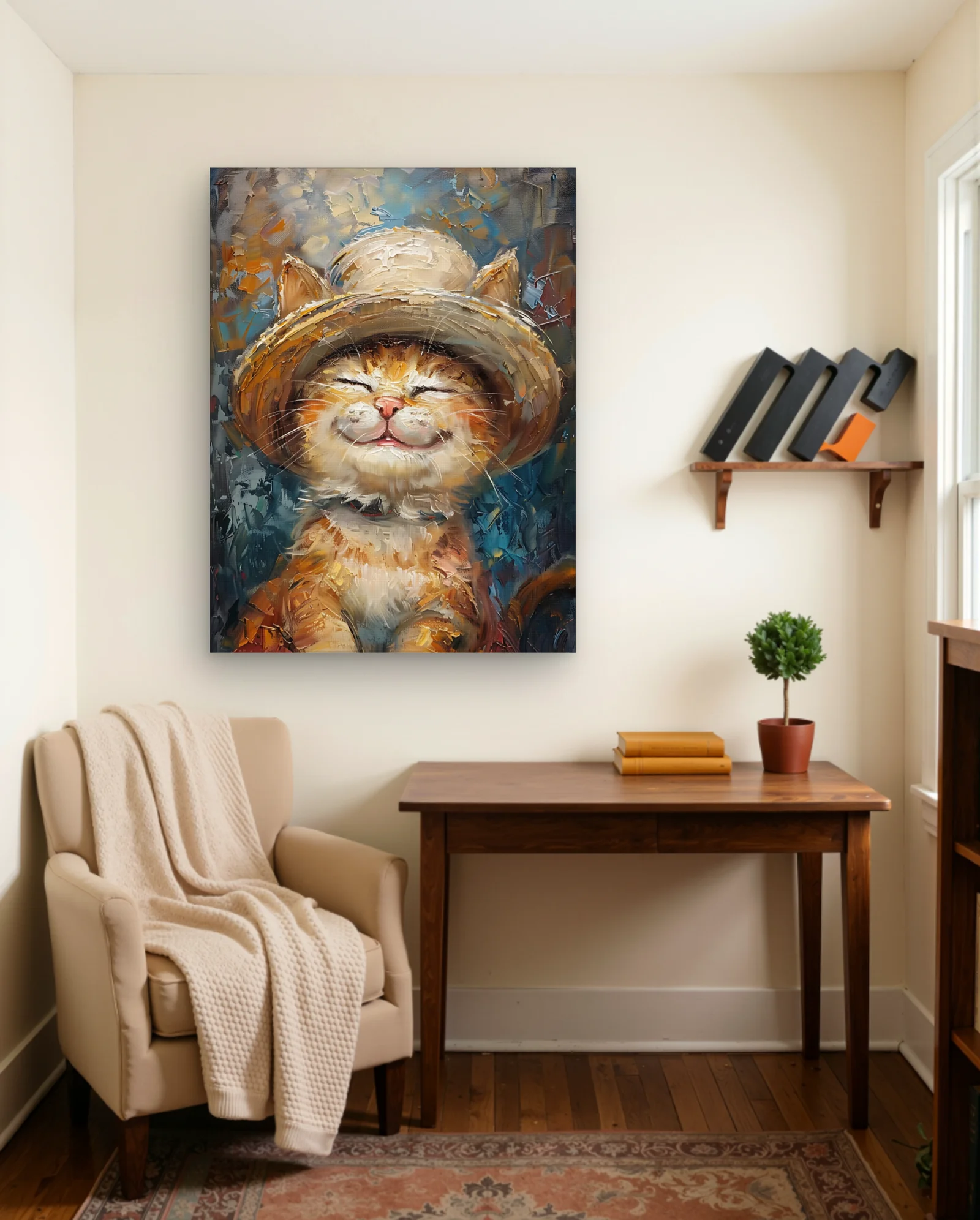 Smiling Tabby Cat in Straw Boater Wall Art — framed wall art poster by Memocult