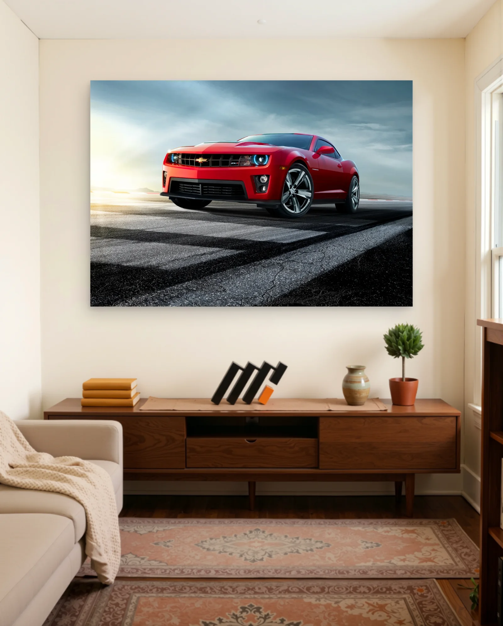 Chevrolet Camaro ZL1 — Red 3/4 Front Low-Angle on Track — framed wall art poster by Memocult