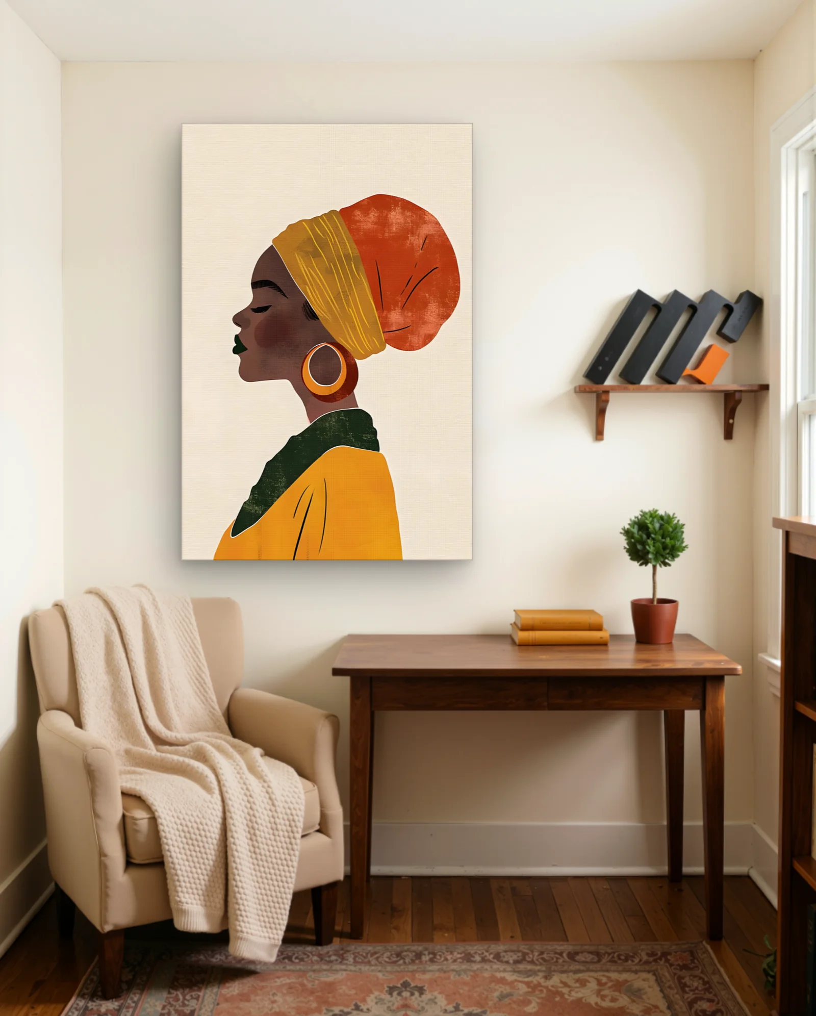 Woman With Rust Headwrap Gold Scarf Wall Art — framed wall art poster by Memocult