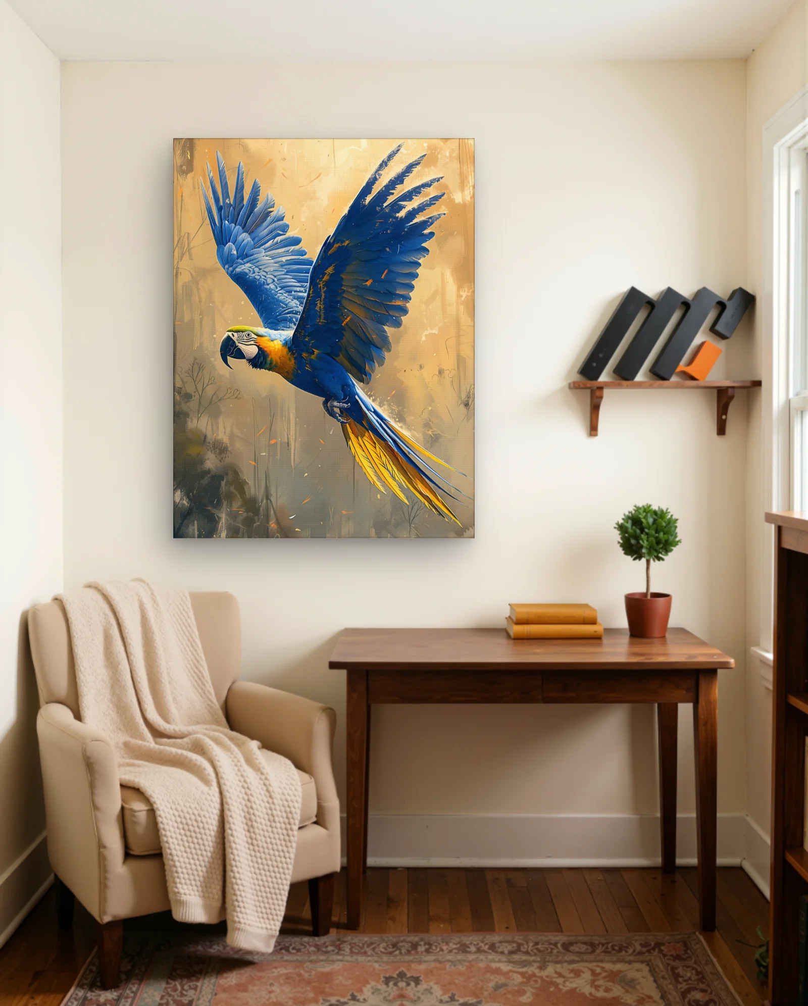 Blue And Gold Macaw Wall Art — framed wall art poster by Memocult