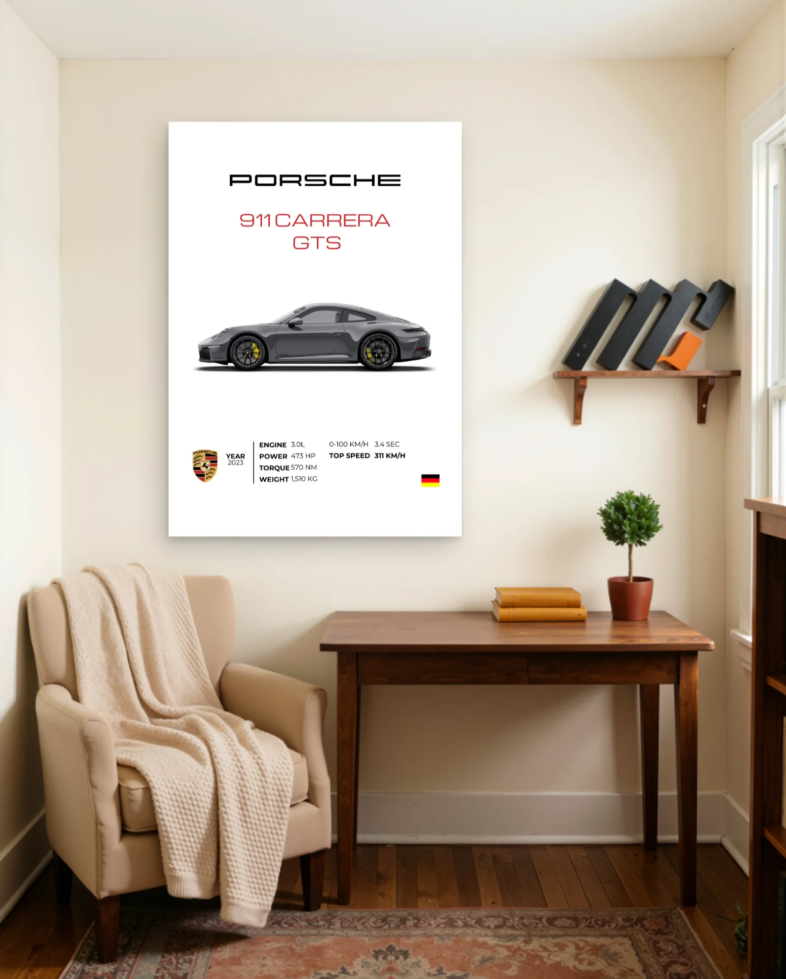 Porsche 911 Carrera GTS Grey Yellow Calipers Poster — framed wall art poster by Memocult