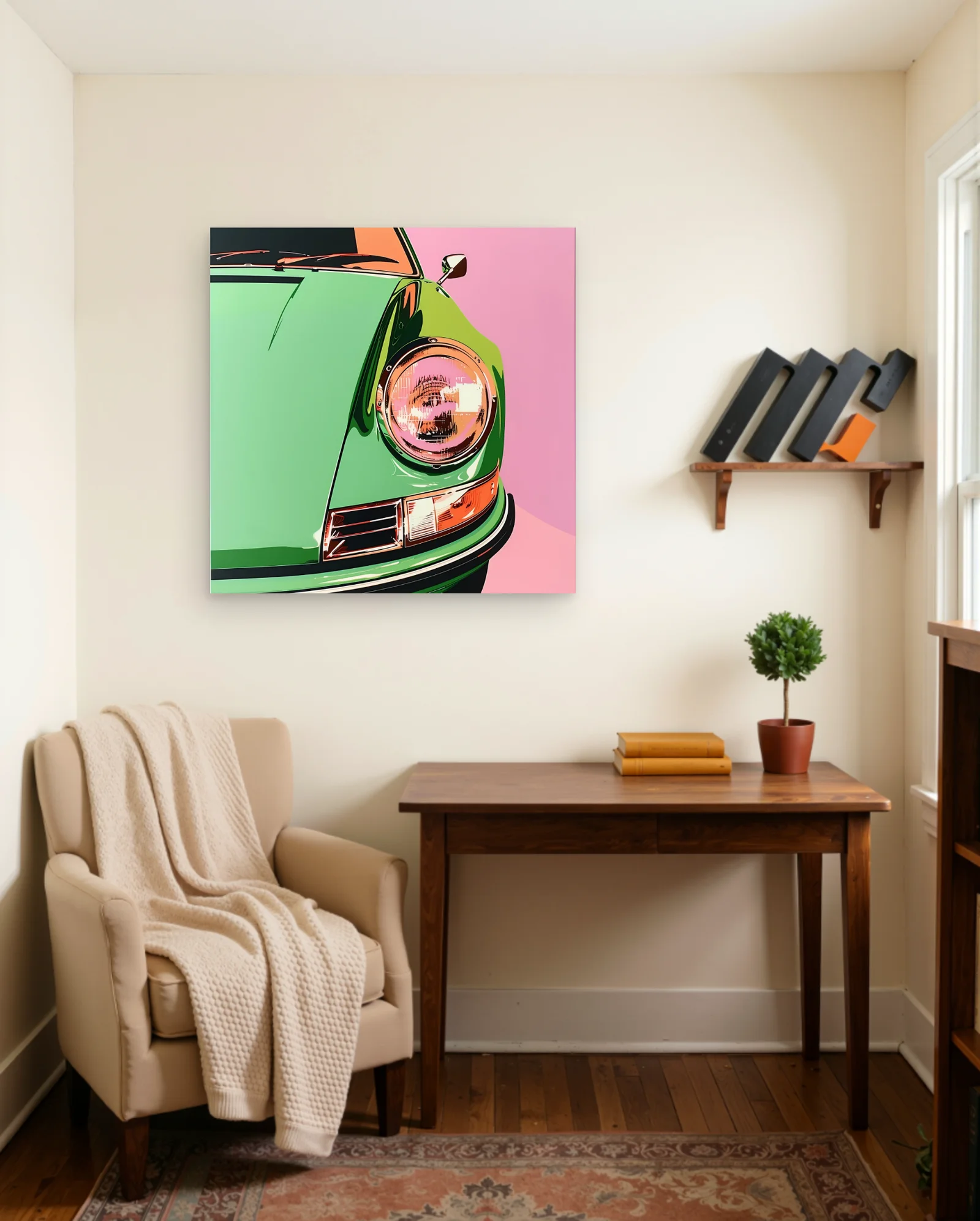 Green Porsche 911 Pink Background Poster — framed wall art poster by Memocult