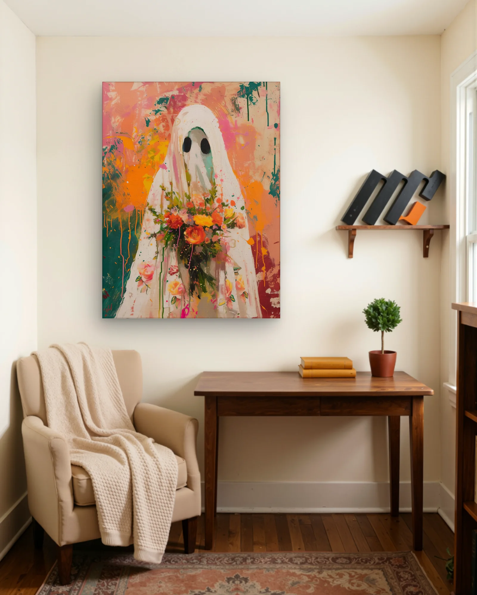 Ghost With Flowers Wall Art — Modern Oil Type classical & fine art wall art poster