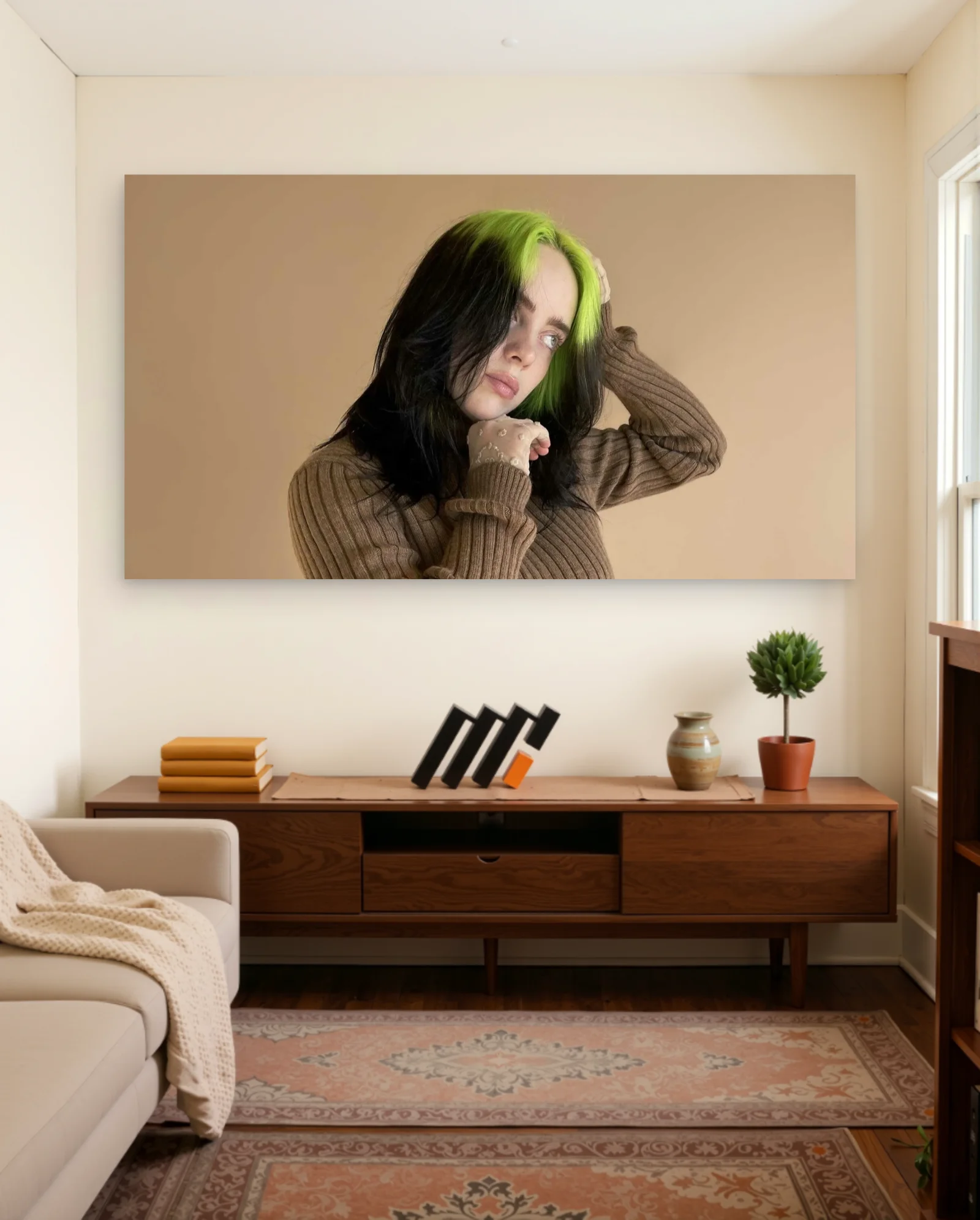 Billie Eilish Green Streaks Brown Sweater Poster — framed wall art poster by Memocult