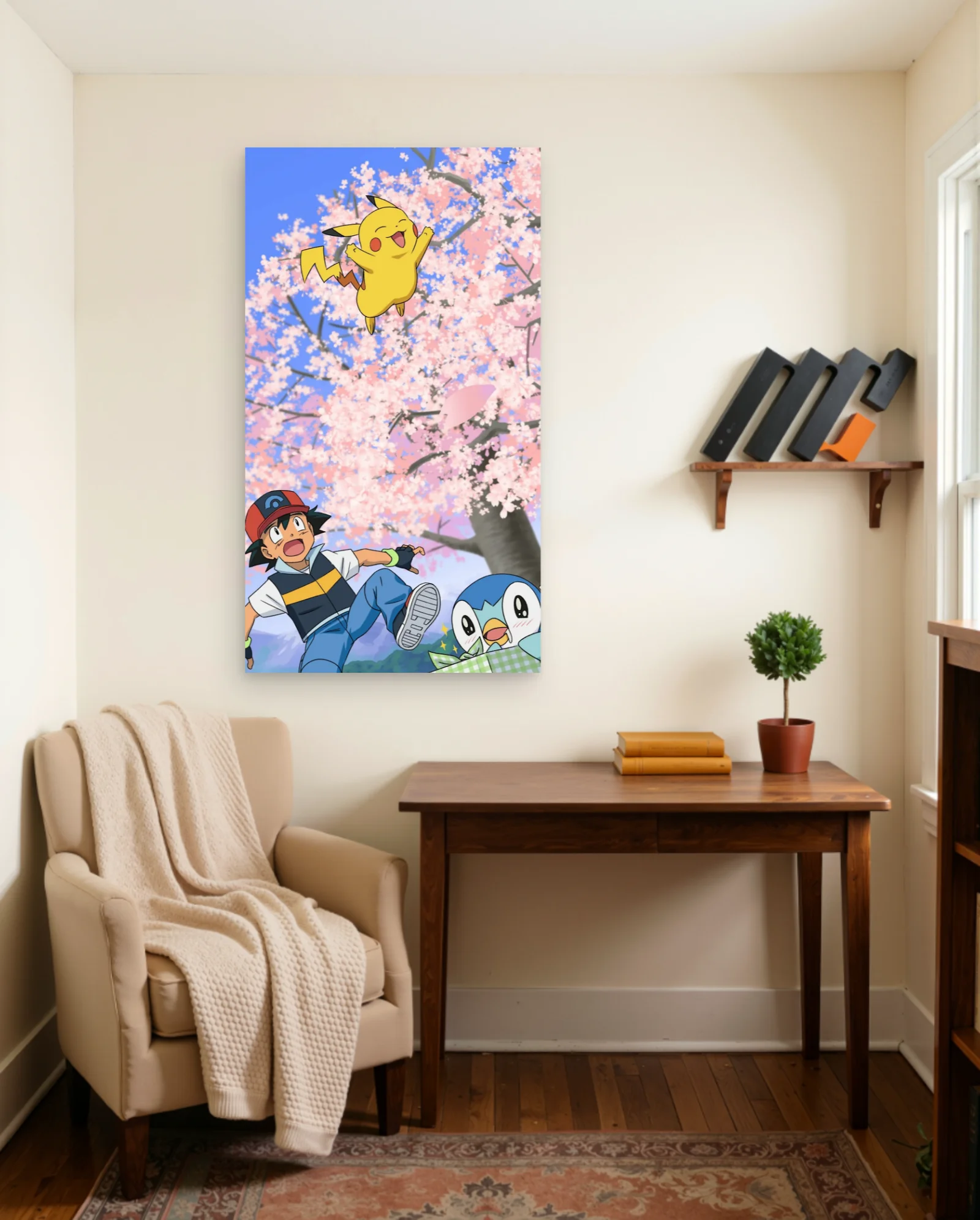Ash Pikachu Piplup Cherry Blossoms Poster — framed wall art poster by Memocult