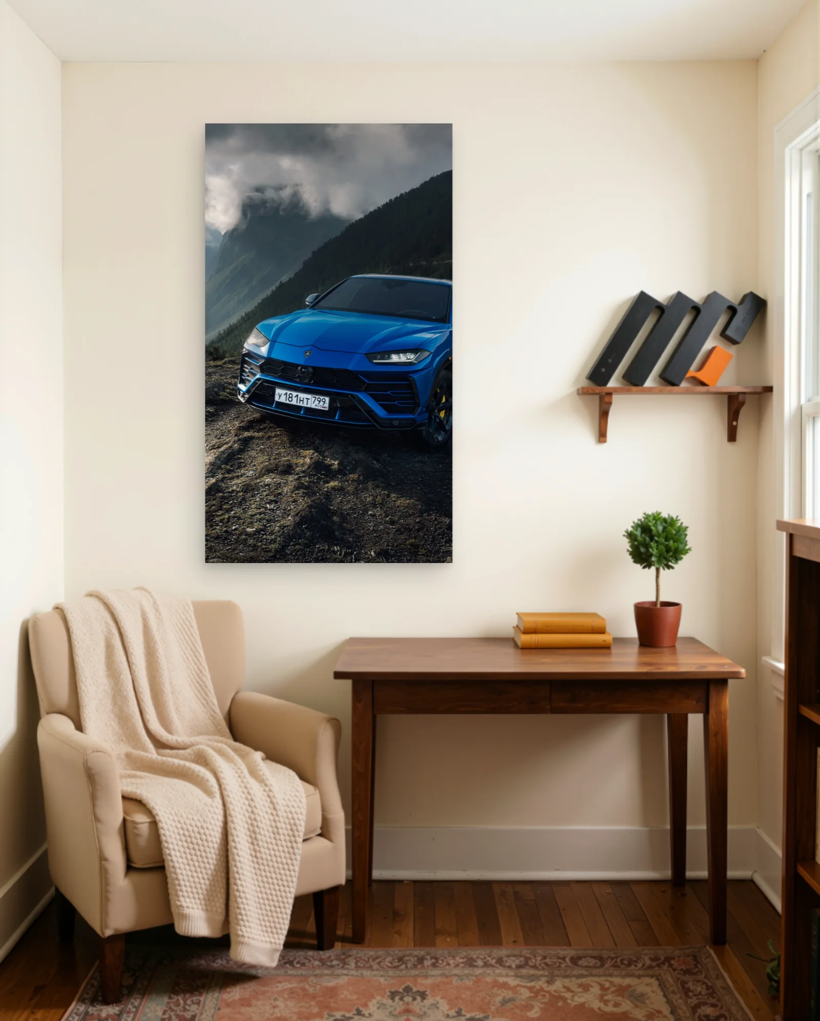 Lamborghini Urus — Blue Front 3/4 Off‑Road Mountain Shot — framed wall art poster by Memocult