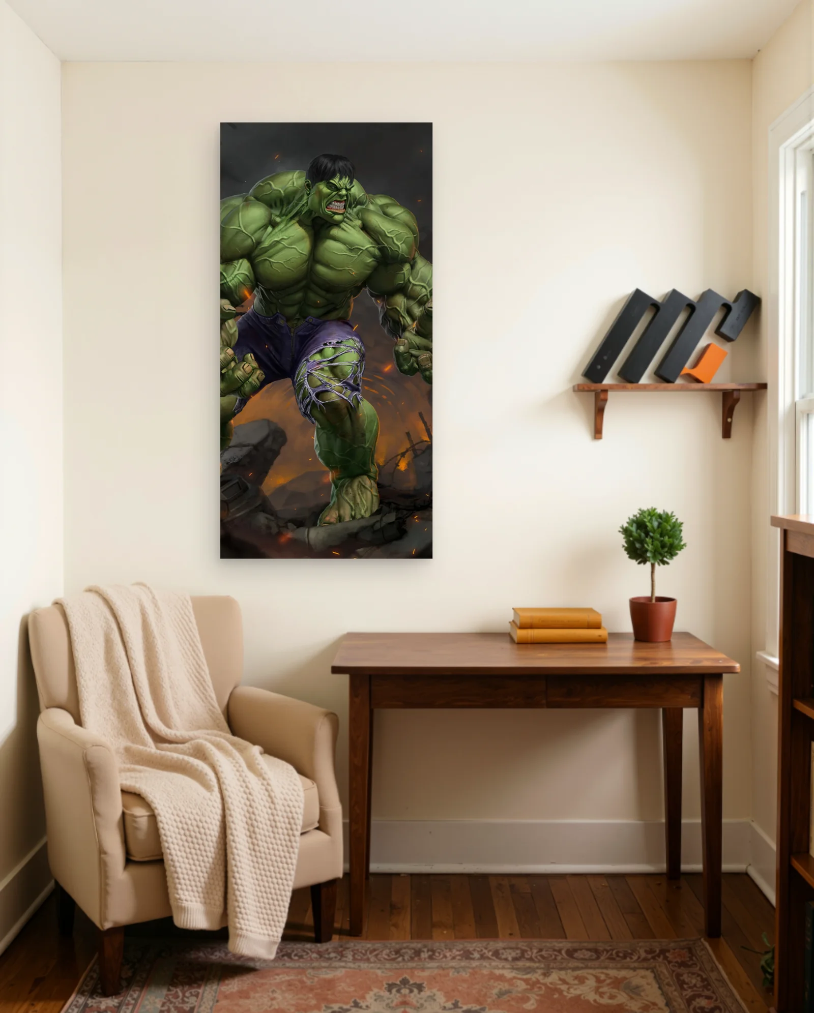 Hulk Roaring Furious In Ruined Landscape Poster — framed wall art poster by Memocult