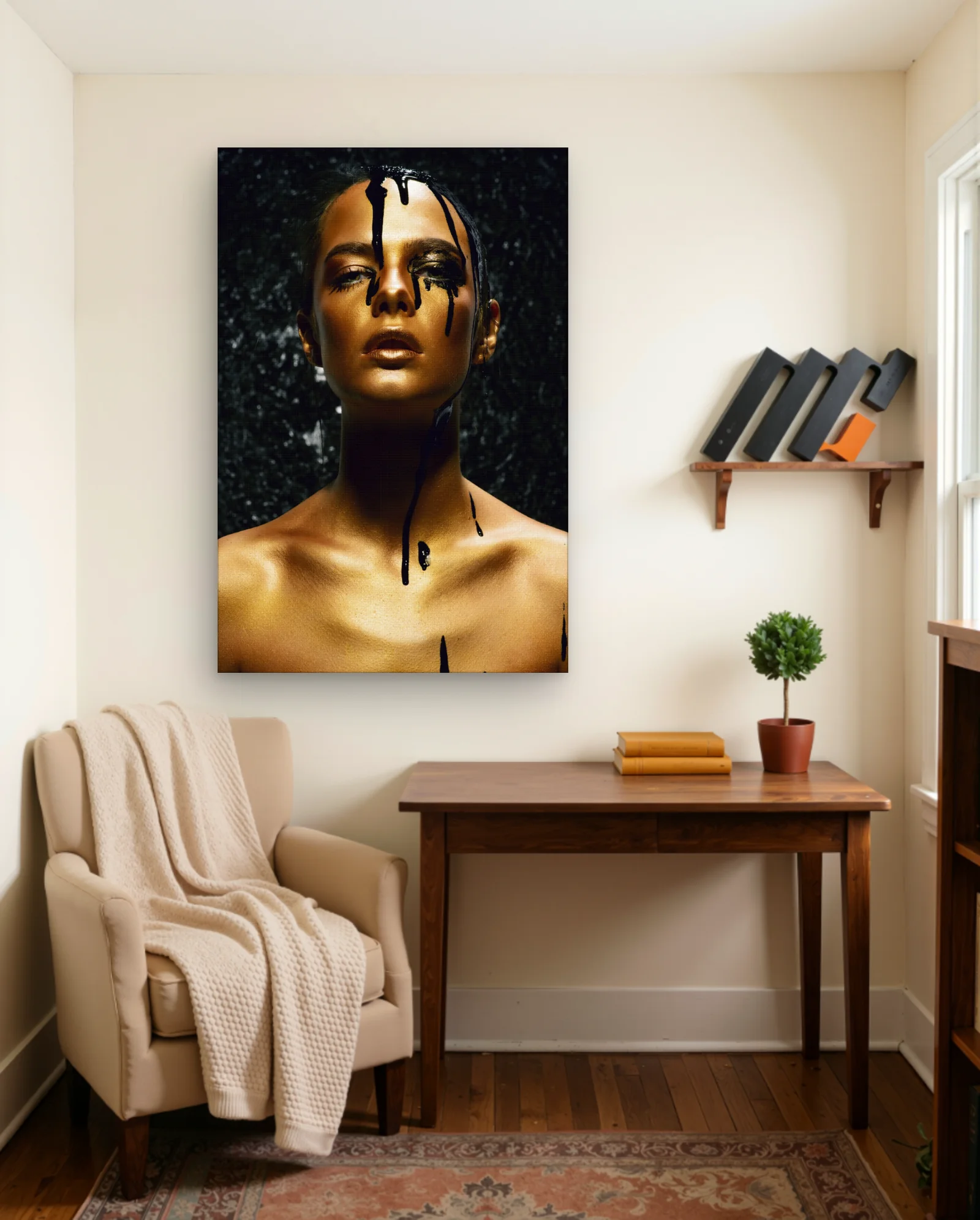 Gold Body Paint Black Drips Wall Art — framed wall art poster by Memocult