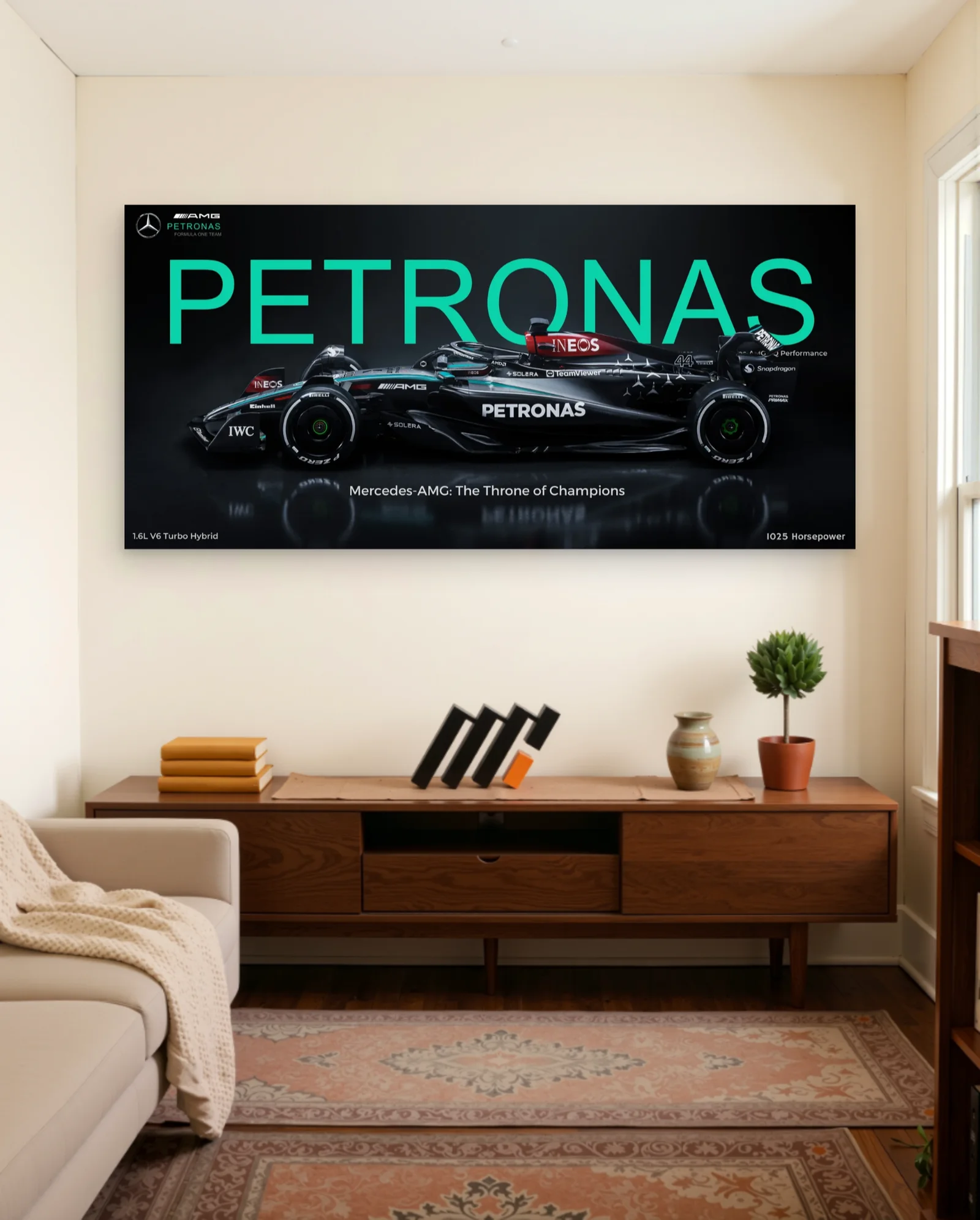 Mercedes‑AMG Petronas F1 Car — Side Profile with PETRONAS Title — framed wall art poster by Memocult