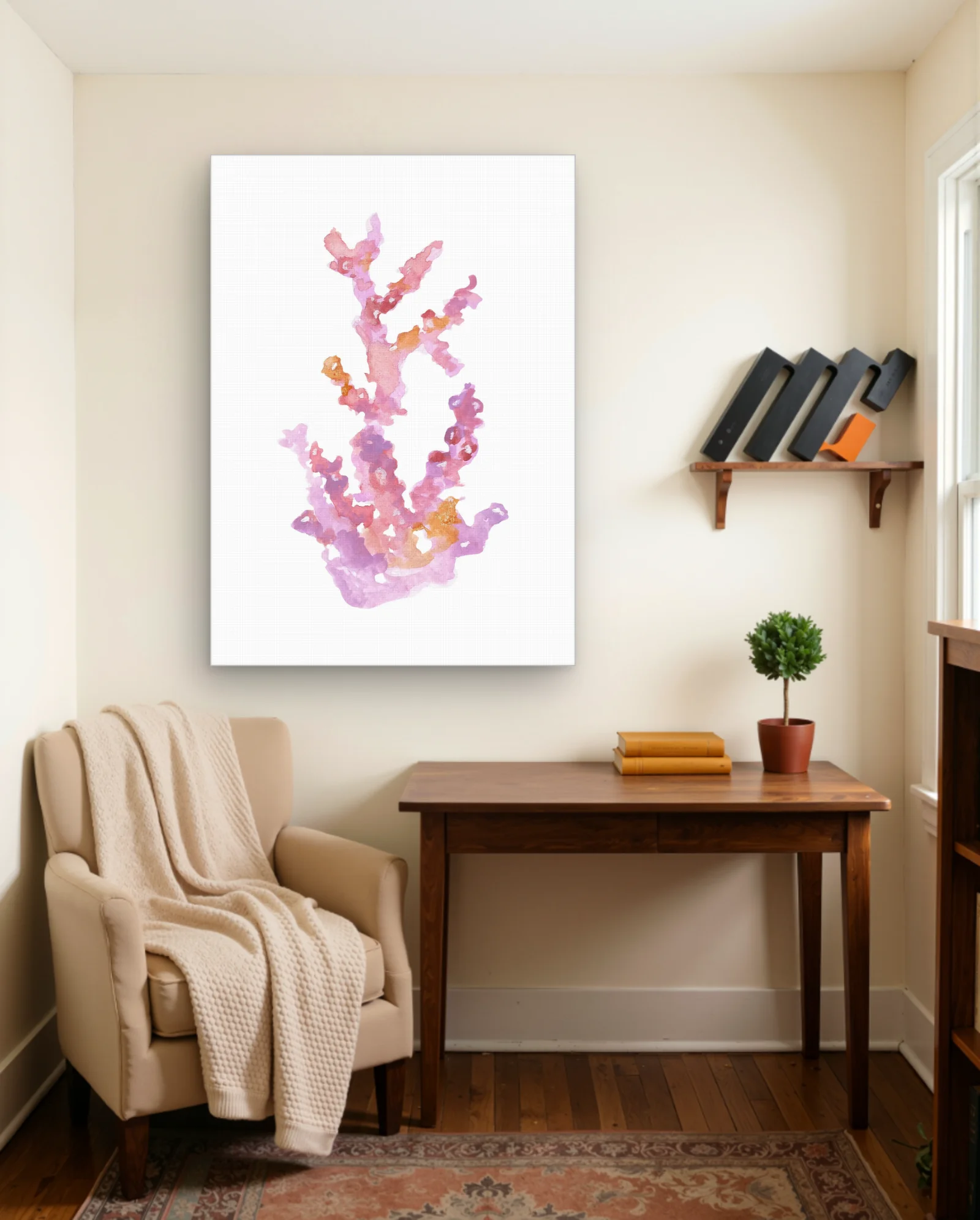 Pink Coral Watercolor — Vertical Single-Branch Study — Abstract abstract & modern wall art poster