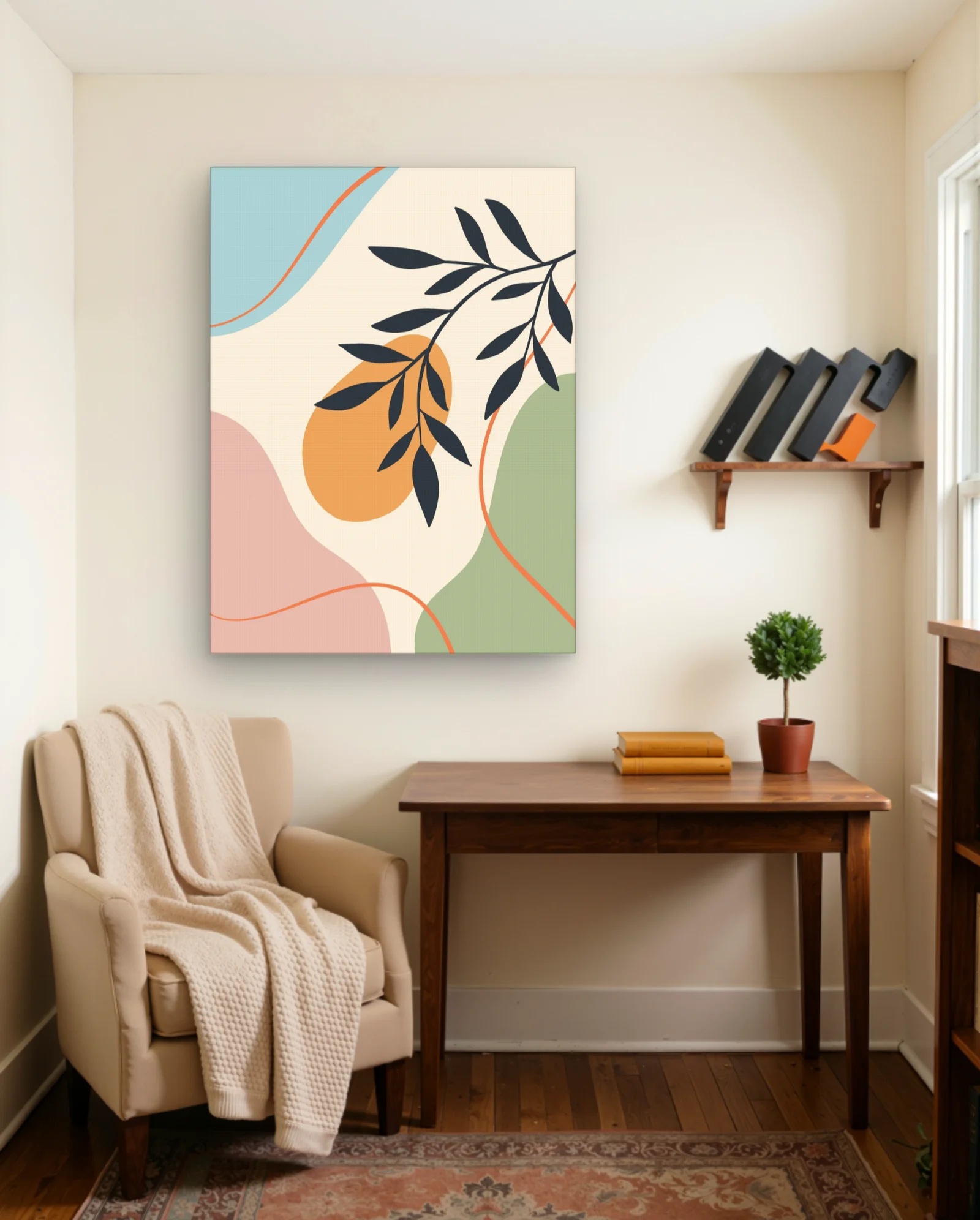 Dark Branch Over Pastel Shapes Wall Art — framed wall art poster by Memocult