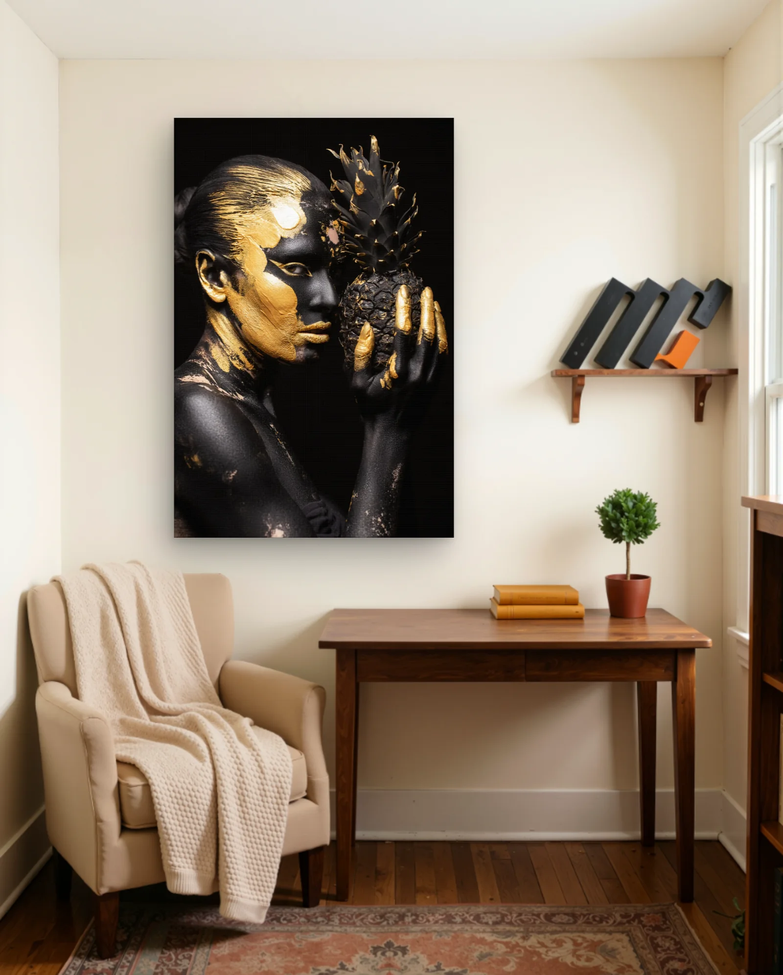 Black Gold Body Paint Holding Pineapple Wall Art — framed wall art poster by Memocult