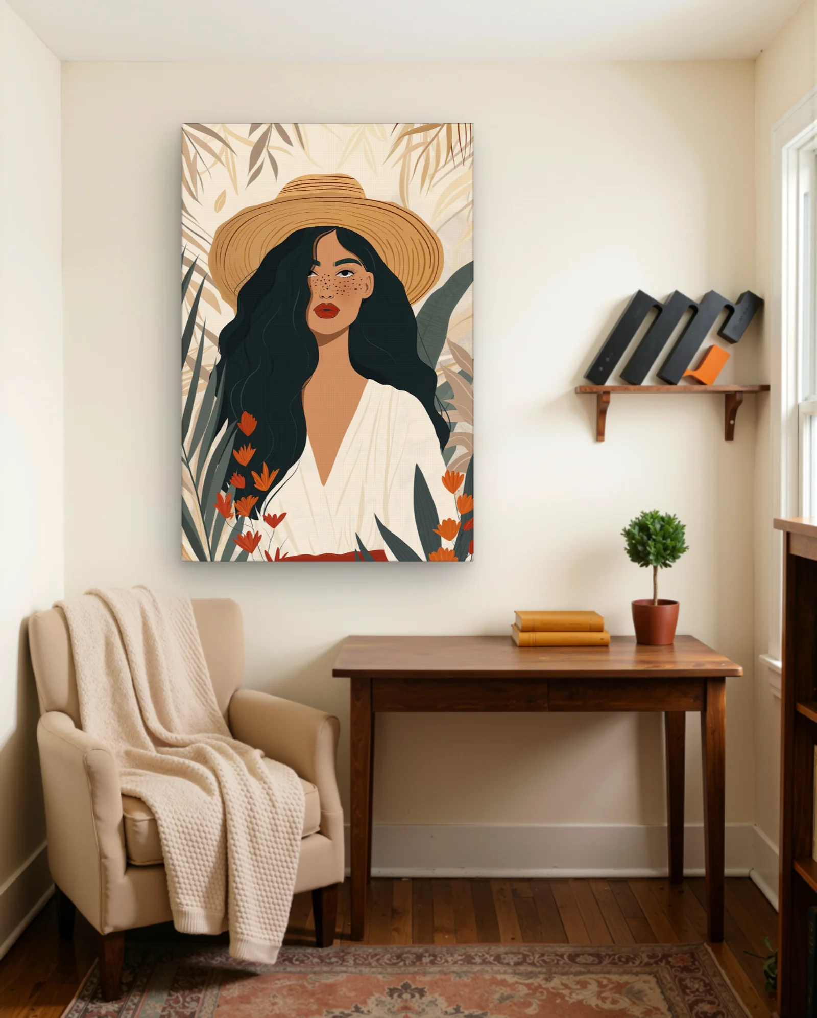 Woman With Straw Hat Freckles Orange Blossoms Wall Art — Modern Digital Art abstract & modern wall art poster