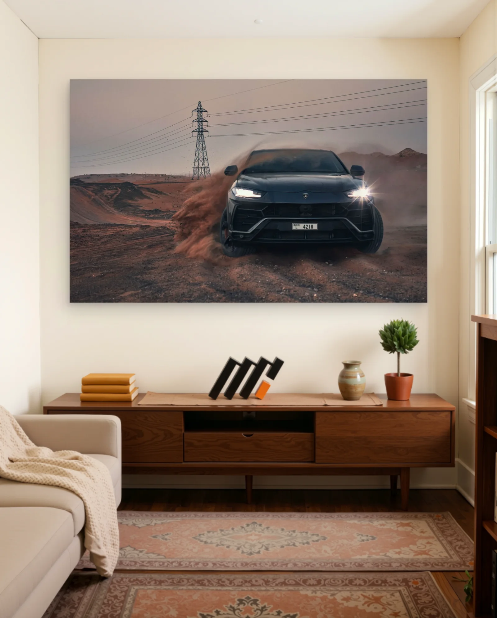 Matte Black Lamborghini Urus Off Road Dust Poster — framed wall art poster by Memocult