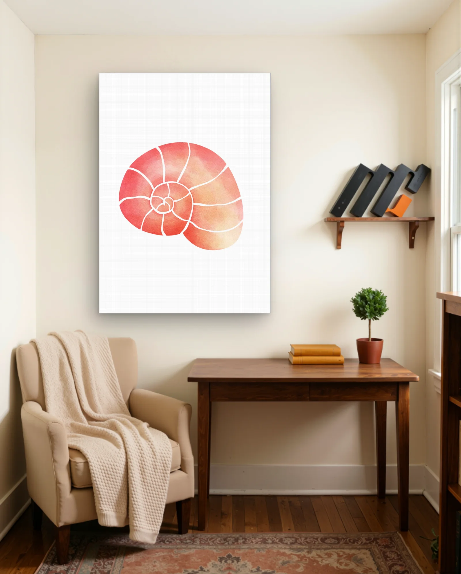 Coral Watercolor Nautilus Shell Wall Art — framed wall art poster by Memocult