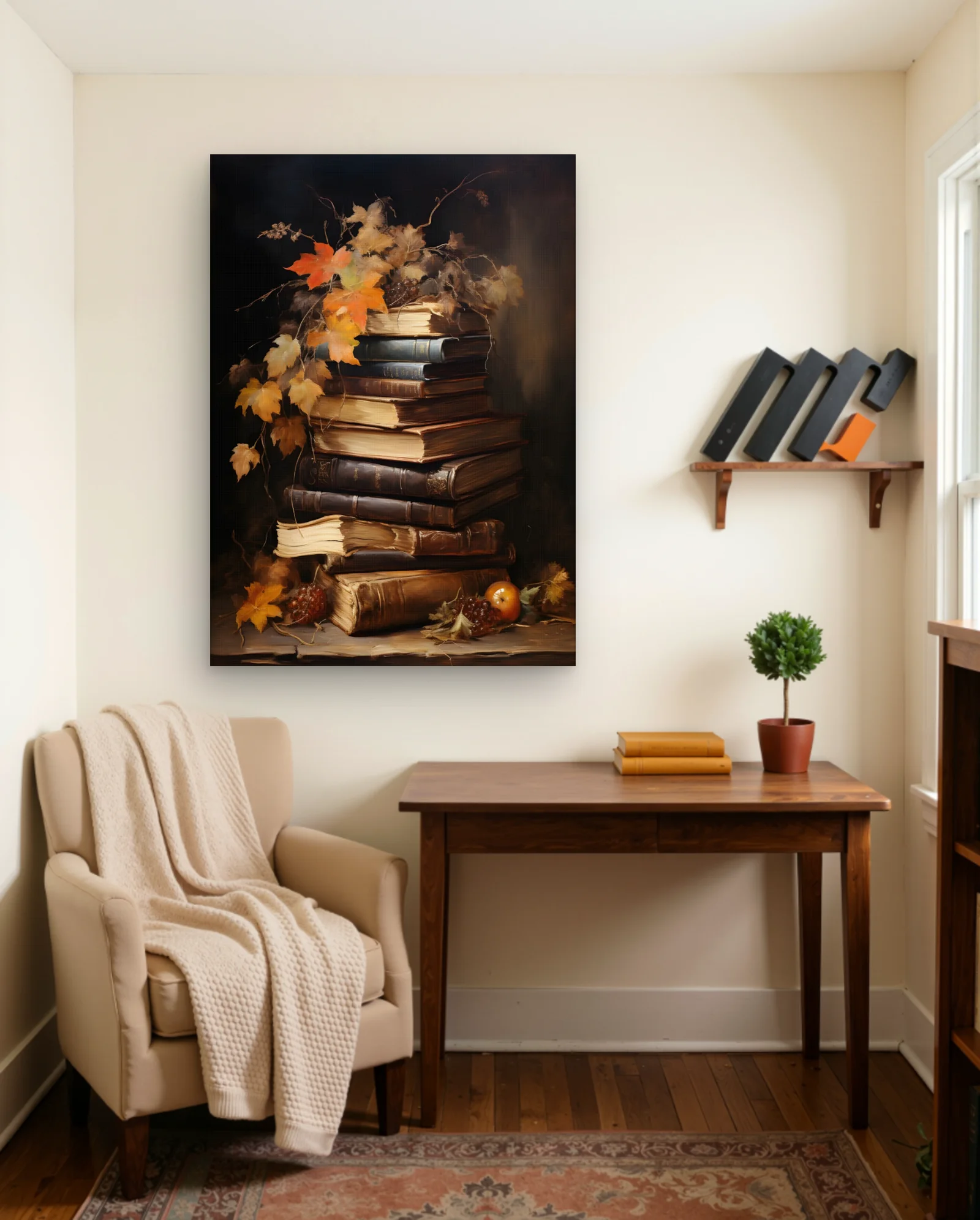 Stacked Antique Books With Autumn Leaves Wall Art — Aesthetic Moods abstract & modern wall art poster
