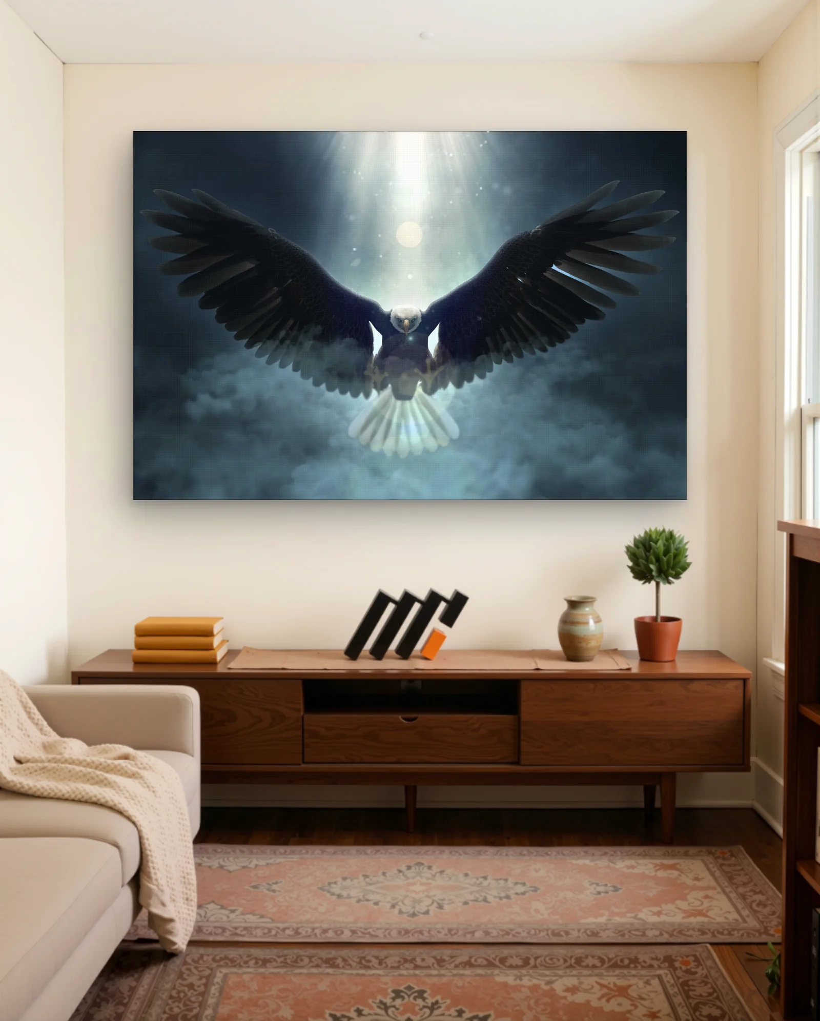 Bald Eagle Descending With Spread Wings Wall Art — framed wall art poster by Memocult