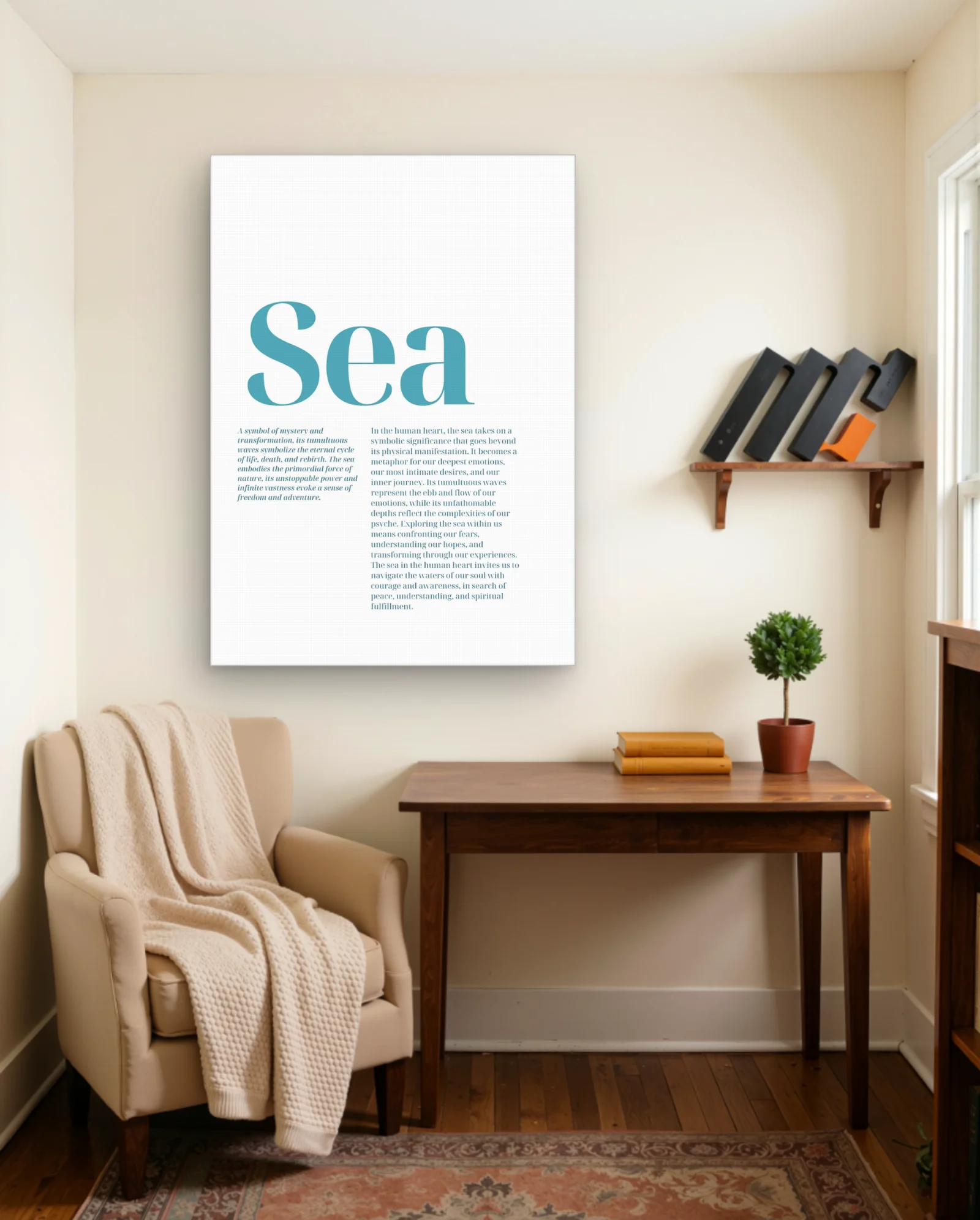 Sea — Oversized Teal Word with Two‑Column Body Text — Aesthetic Moods abstract & modern wall art poster
