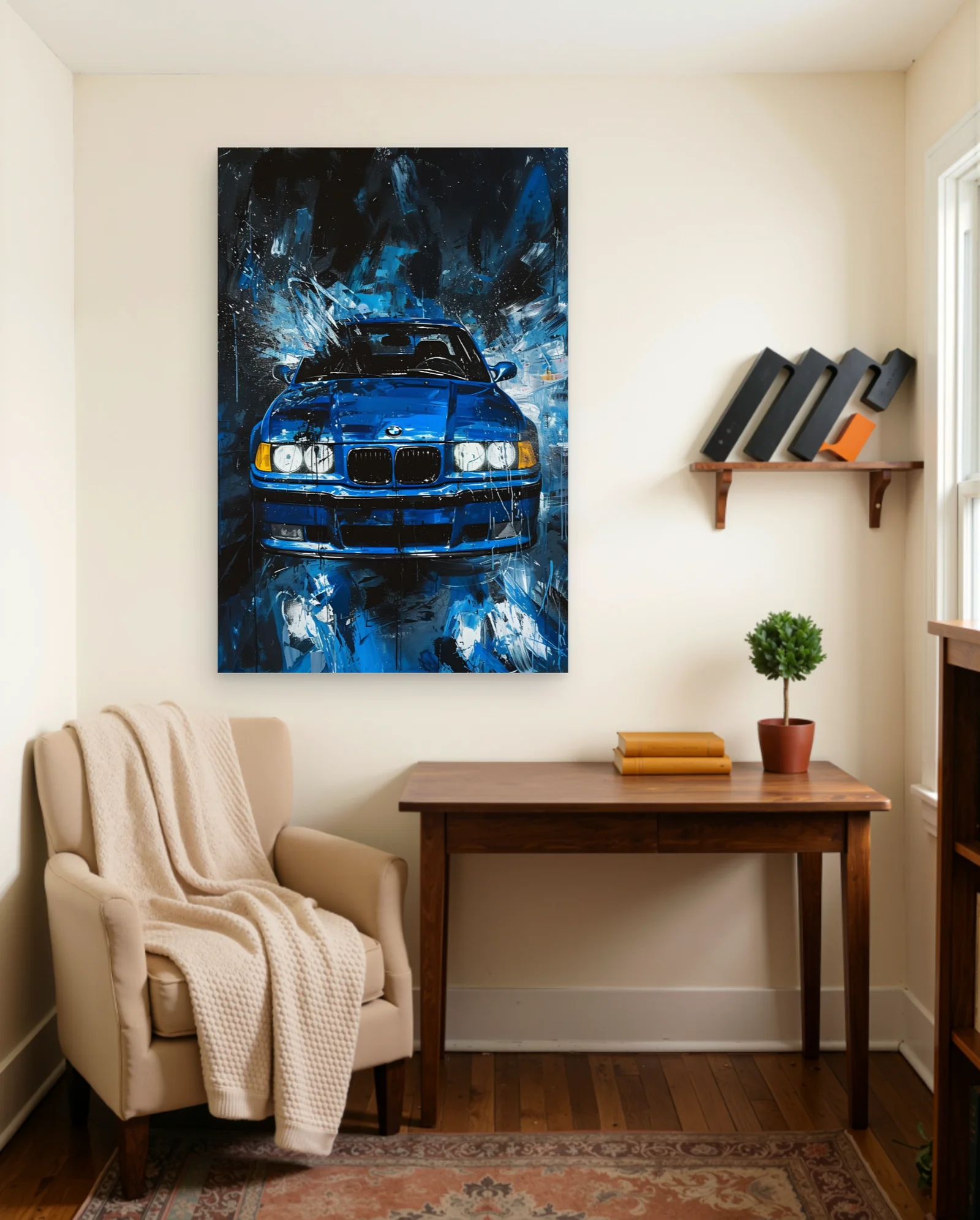 BMW M3 E36 Electric Blue Poster — framed wall art poster by Memocult