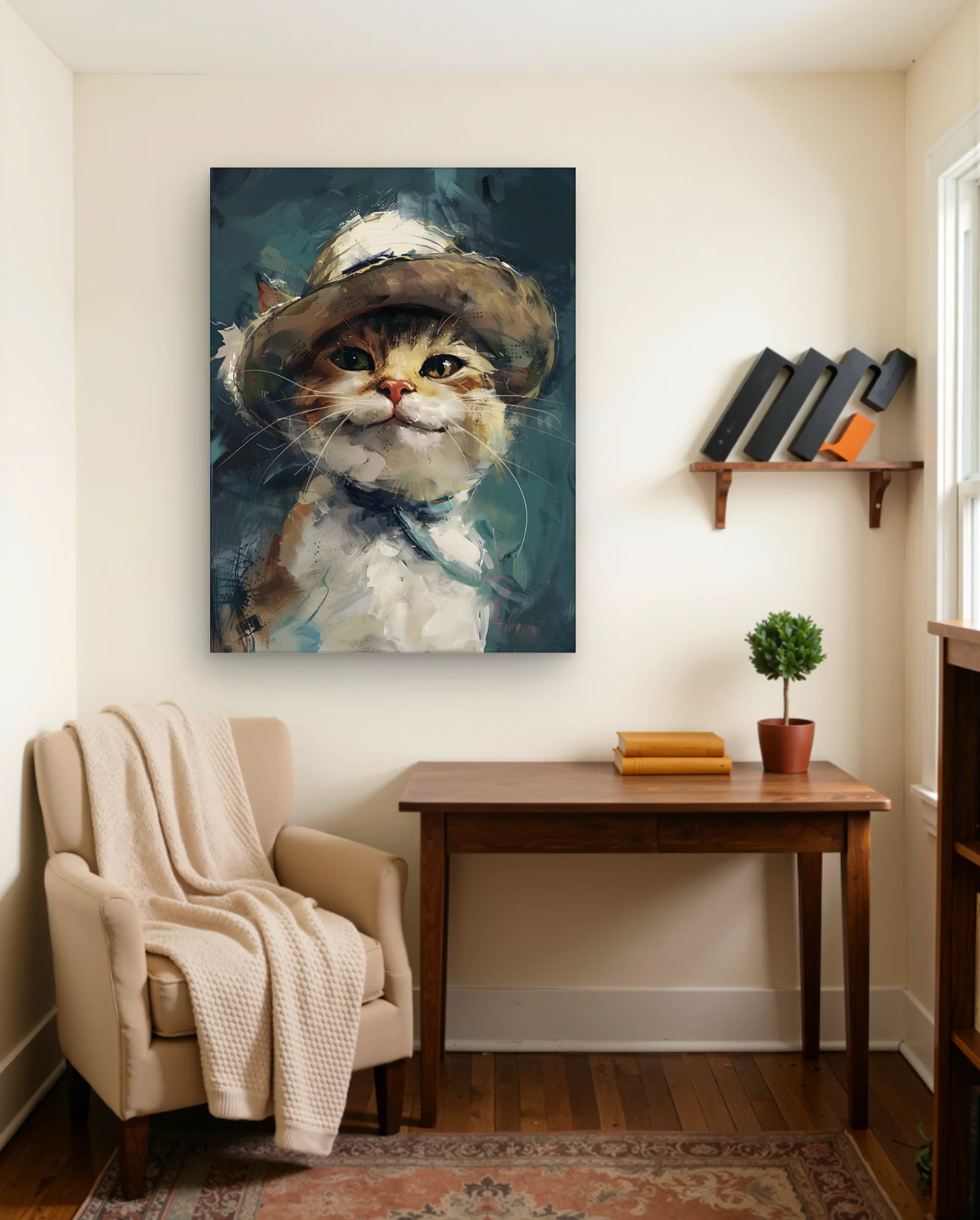Tabby Cat Portrait — Worn Fisherman’s Hat & Teal Collar — Modern Digital Art abstract & modern wall art poster
