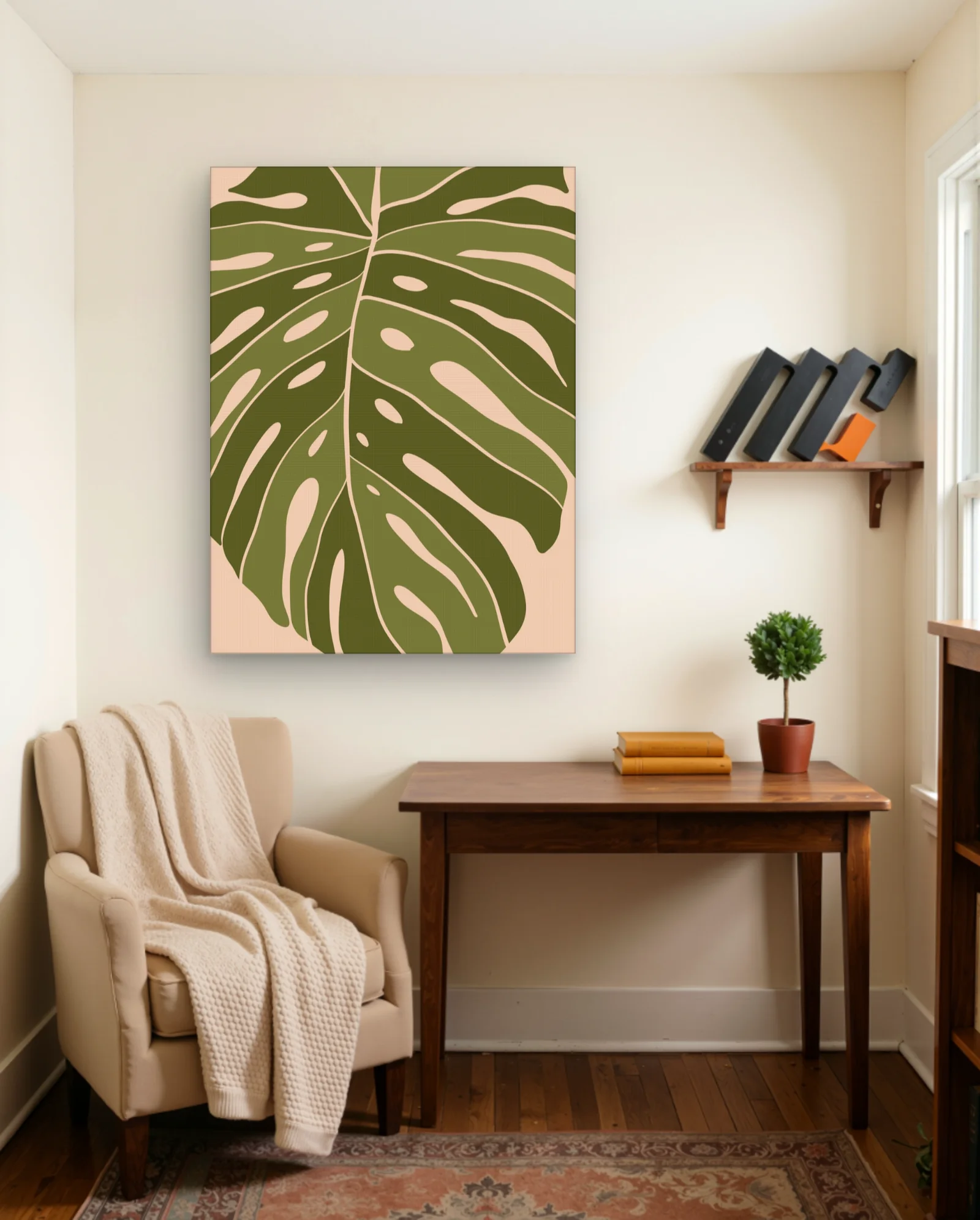 Monstera Leaf Olive And Peach Wall Art — Modern Digital Art abstract & modern wall art poster
