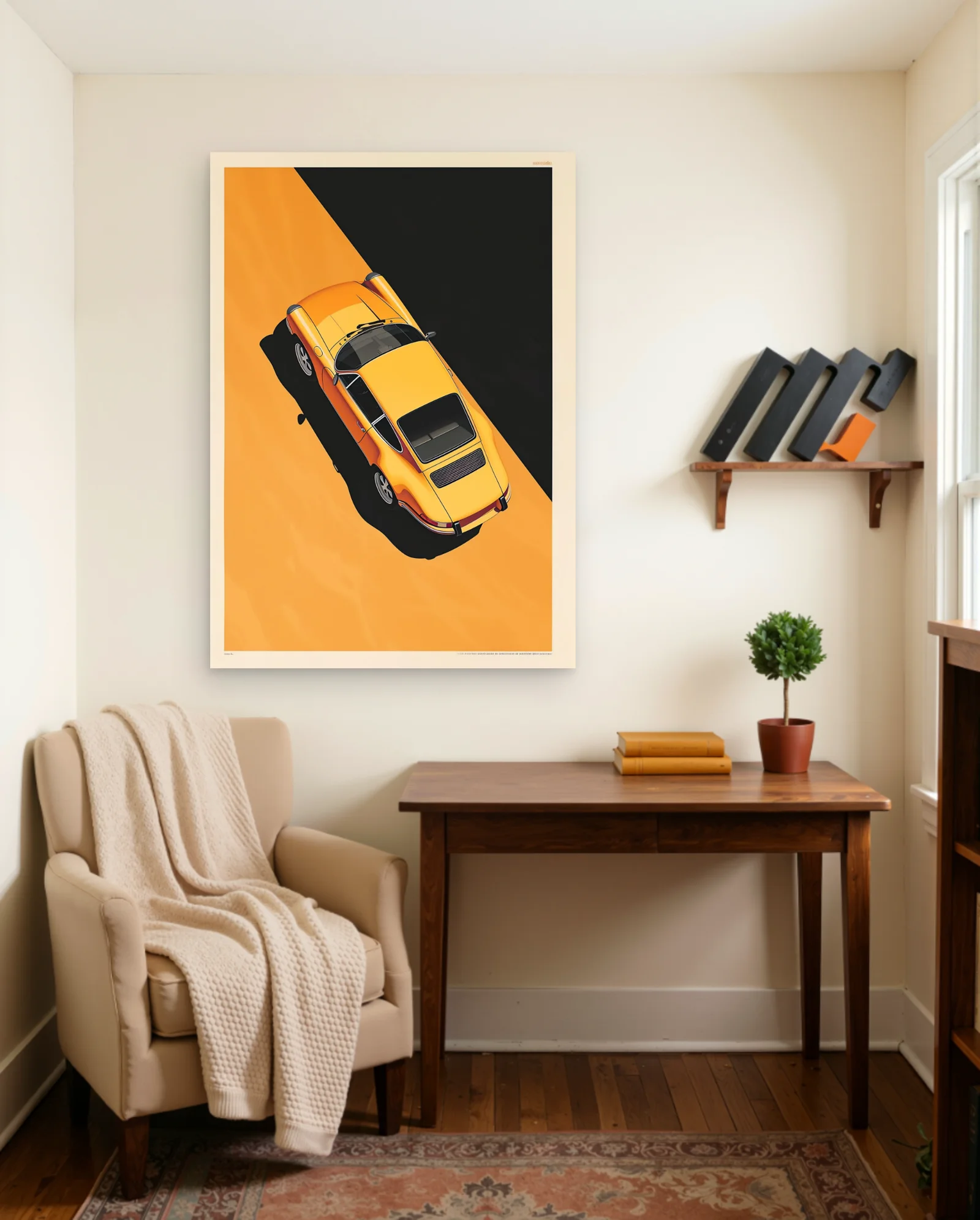 Yellow Porsche 911 Top Down Poster — framed wall art poster by Memocult