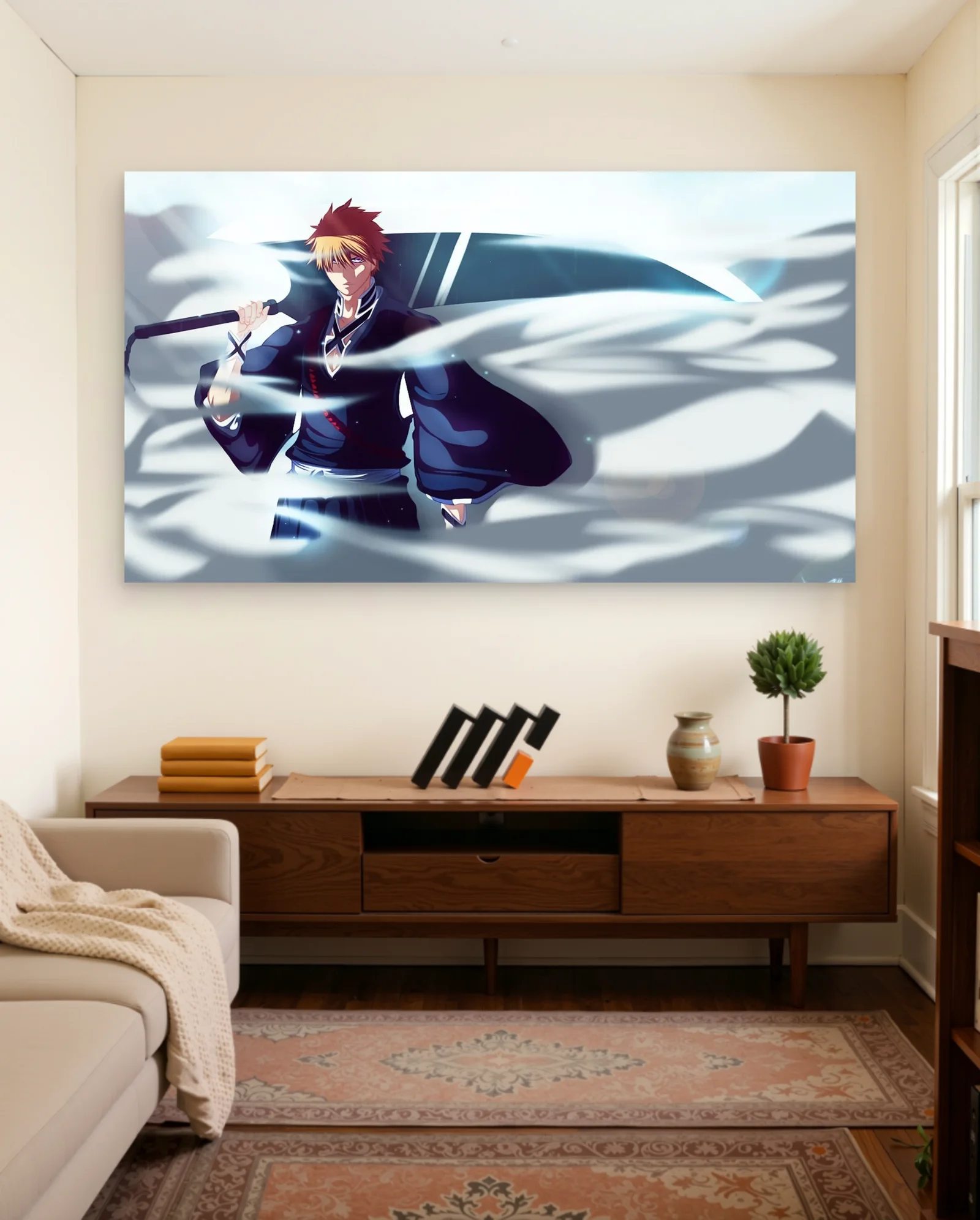 Ichigo Kurosaki Blue Energy Sword Poster — framed wall art poster by Memocult