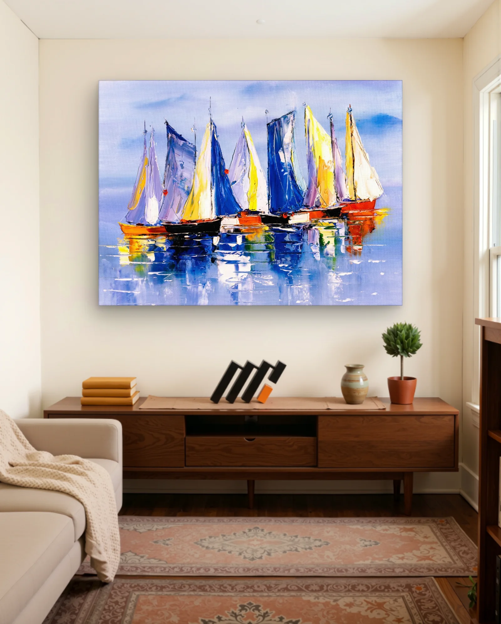 Colorful Sailboats Reflections Wall Art — framed wall art poster by Memocult