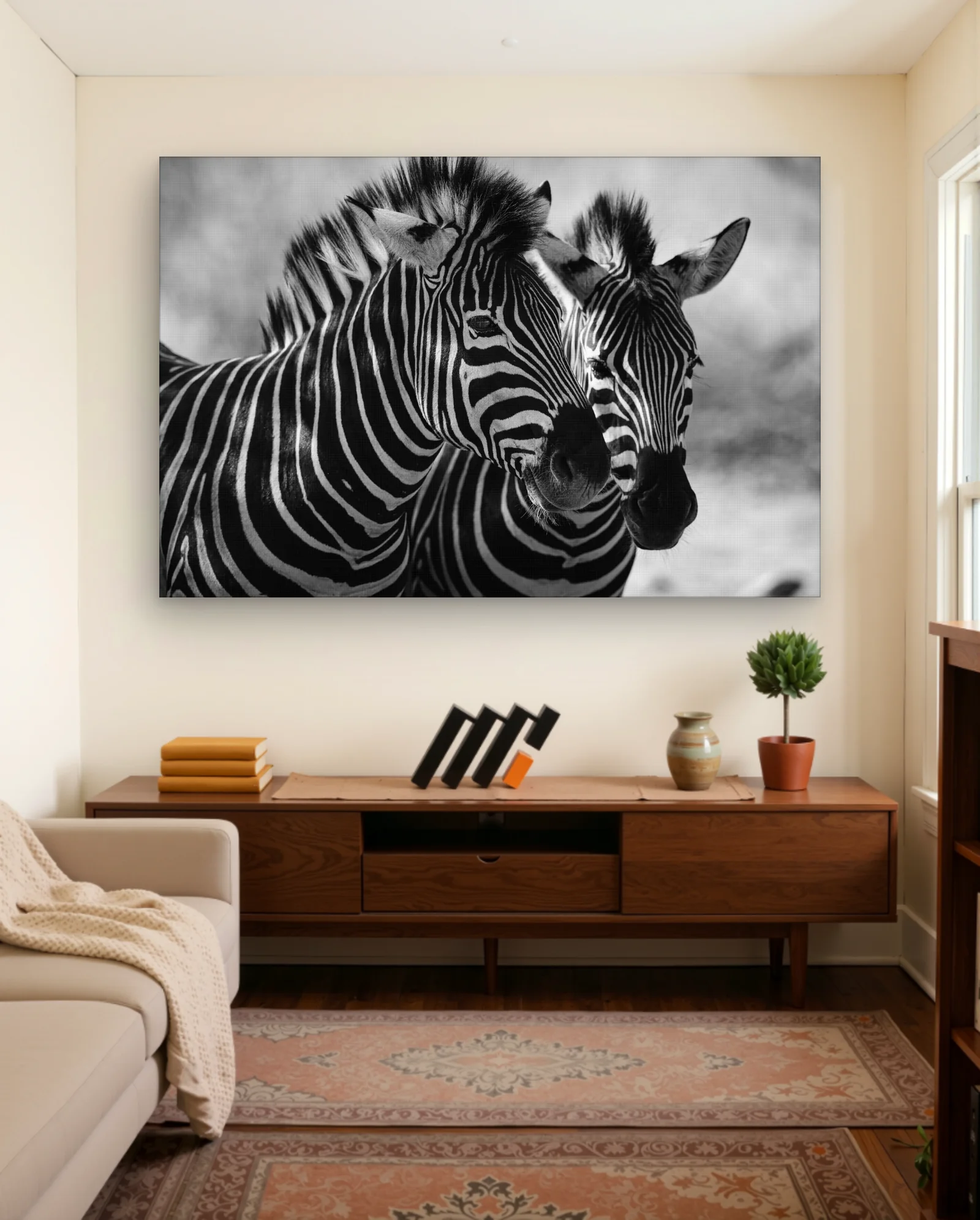 Two Zebras Close Portrait Black And White Wall Art — framed wall art poster by Memocult