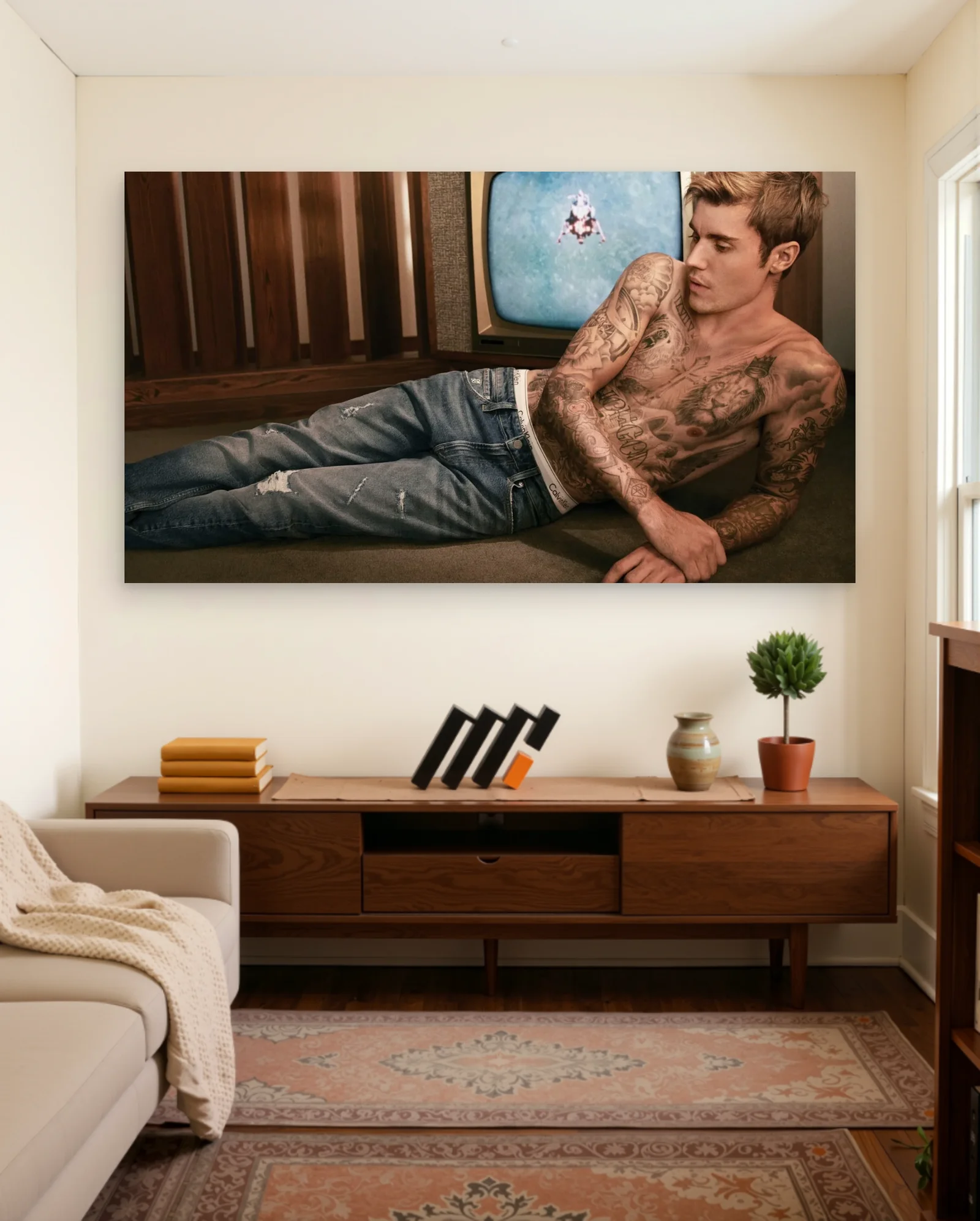 Justin Bieber Tattoo Portrait Poster — framed wall art poster by Memocult