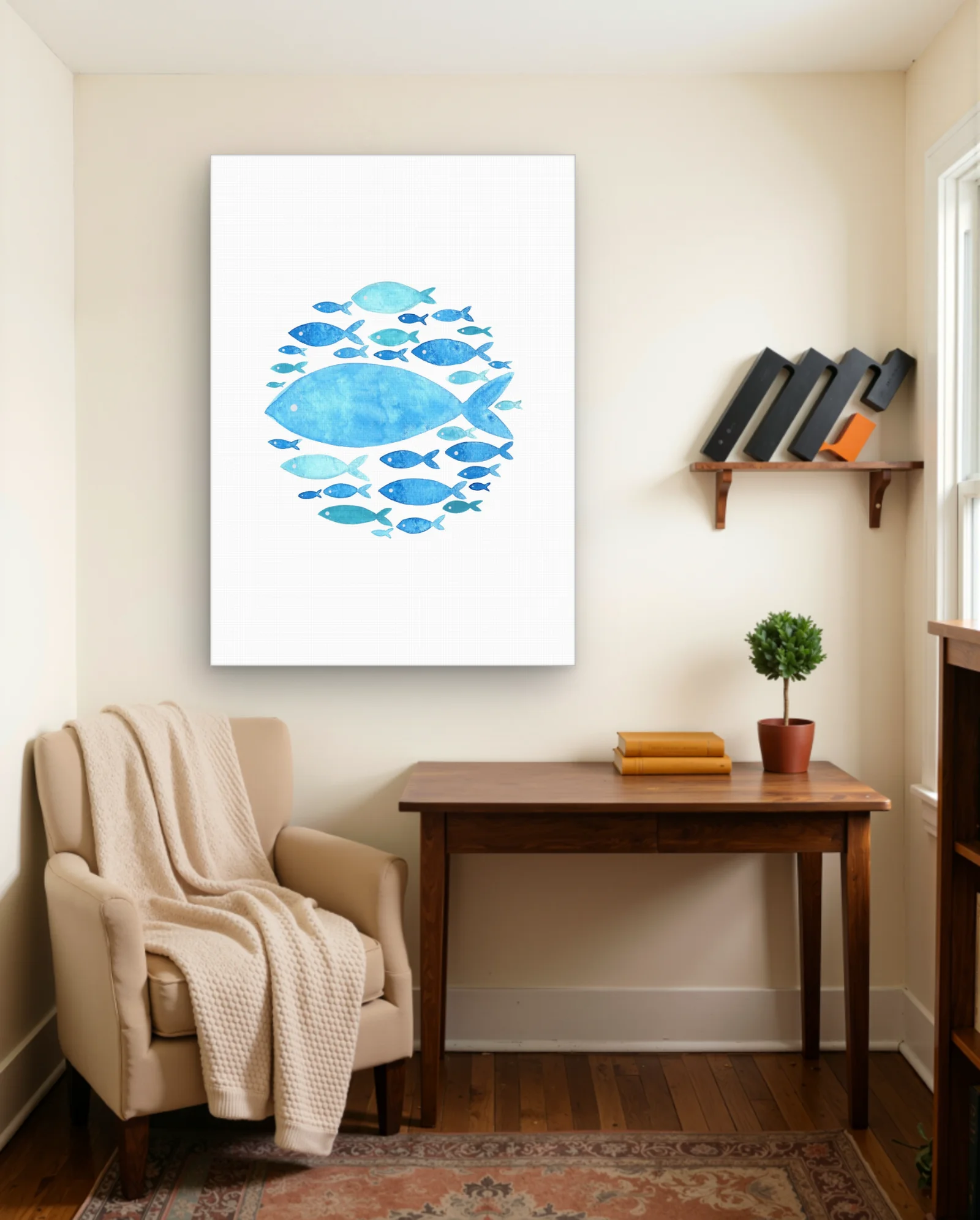 Blue Watercolor School Of Fish Wall Art — Abstract abstract & modern wall art poster