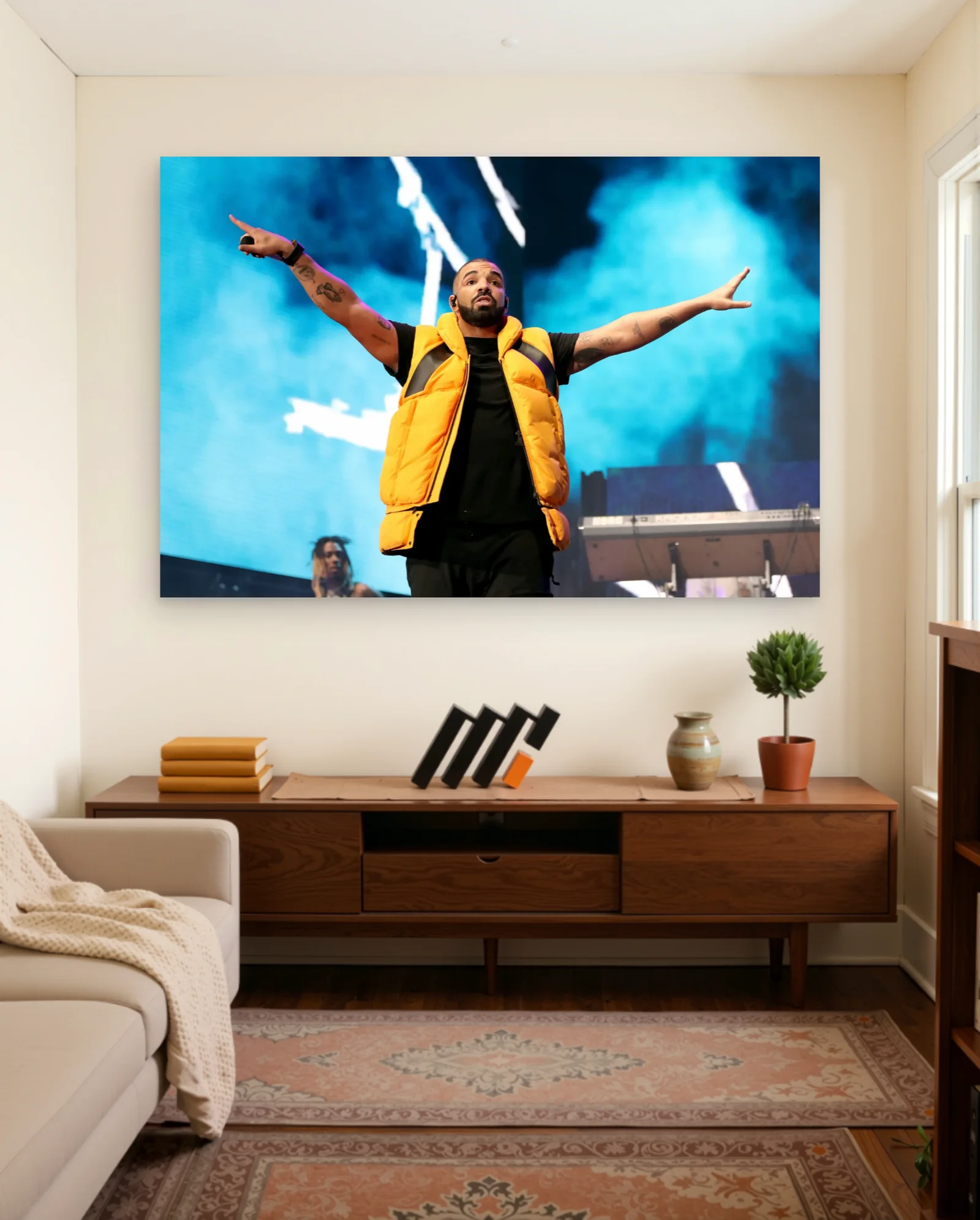 Drake Orange Vest Stage Poster — framed wall art poster by Memocult