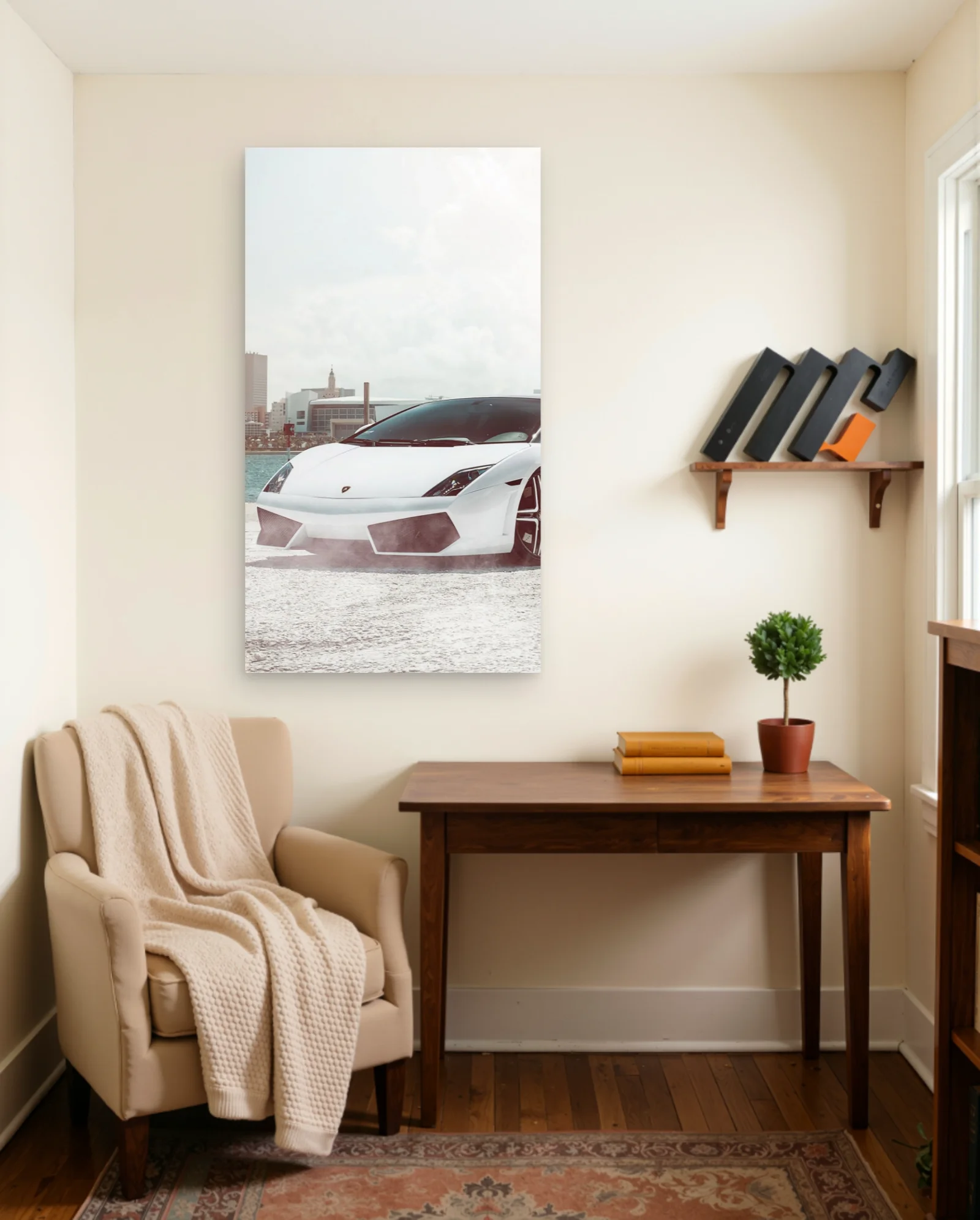 White Lamborghini Gallardo Low Angle Poster — framed wall art poster by Memocult