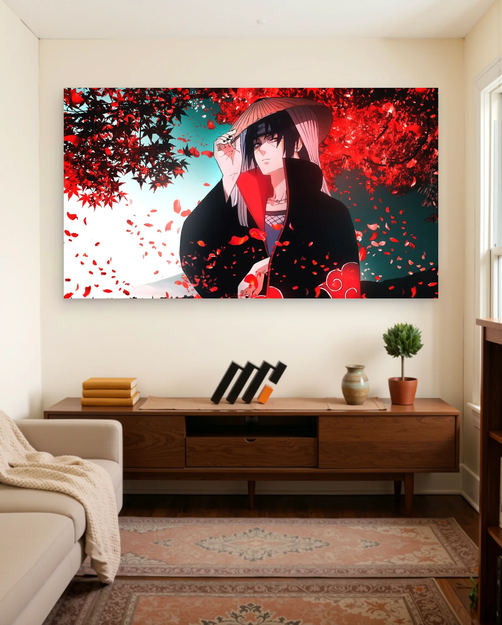 Itachi Uchiha Red Falling Petals Poster — framed wall art poster by Memocult